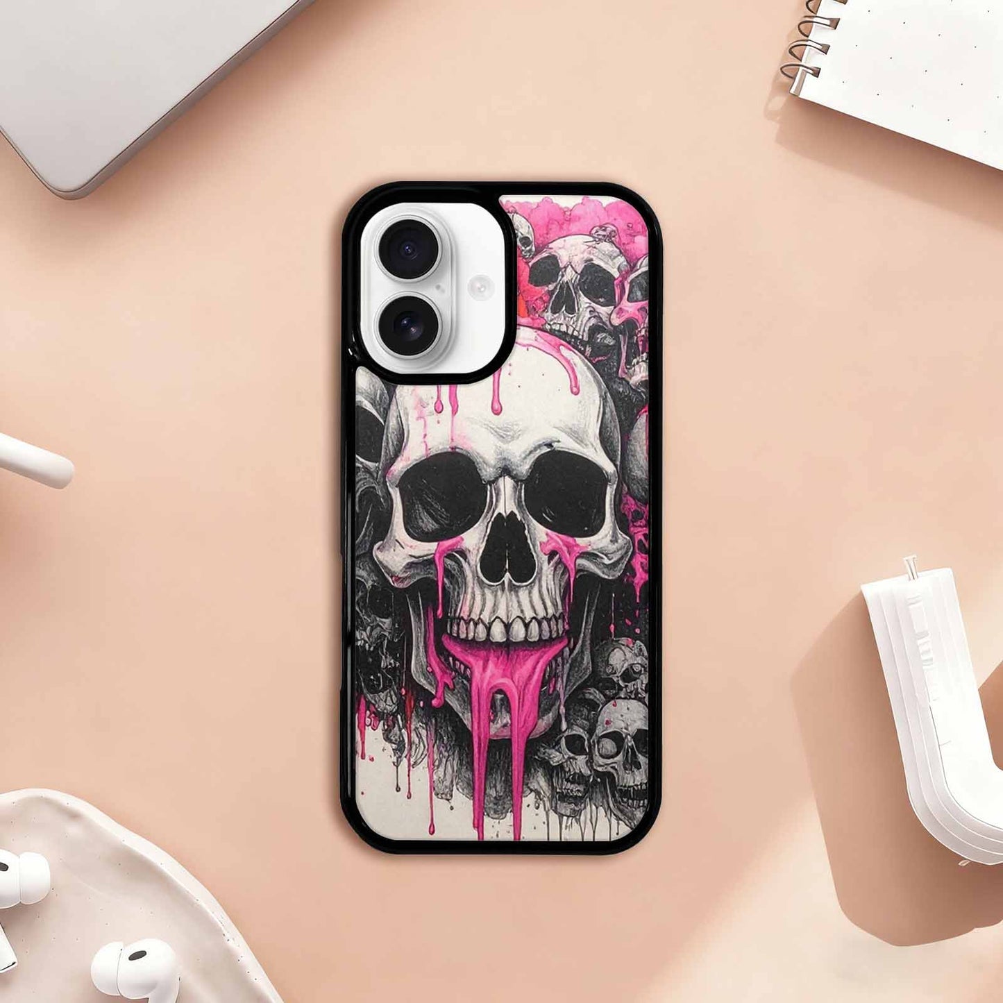 iPhone 17 Case — Black & Pink Ink Gothic Skulls, Custom Made Phone Cover