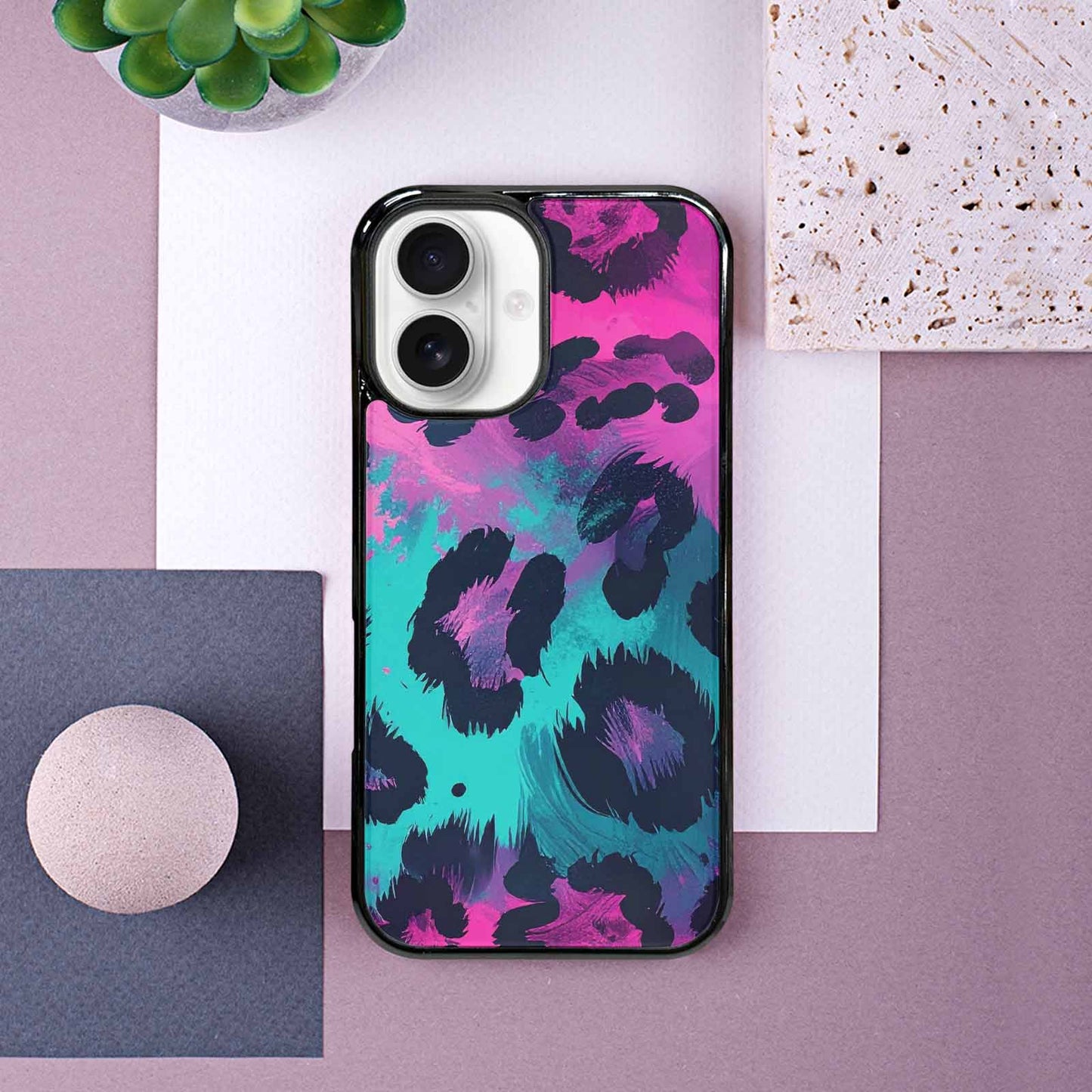 iPhone 16 Case — Leopard Neon Pink Teal Airbrush, Custom Made Phone Cover