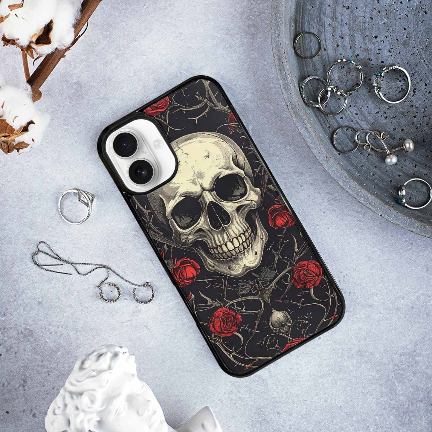 iPhone 16 Plus Case — Gothic Skulls Roses Custom, Custom Phone Case