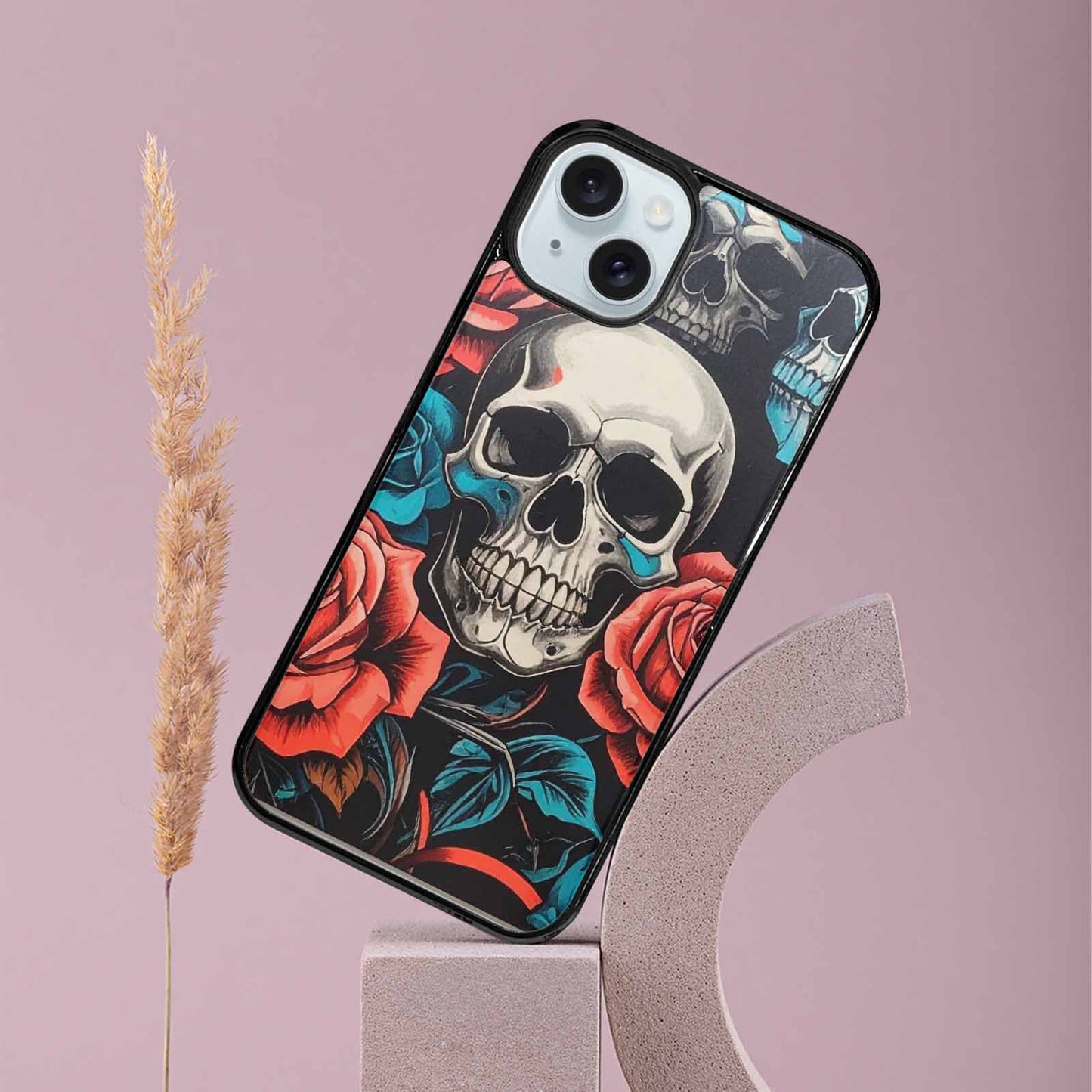 iPhone 15 Plus Case — Skulls Roses Biker Tattoo, Custom Made Phone Cover