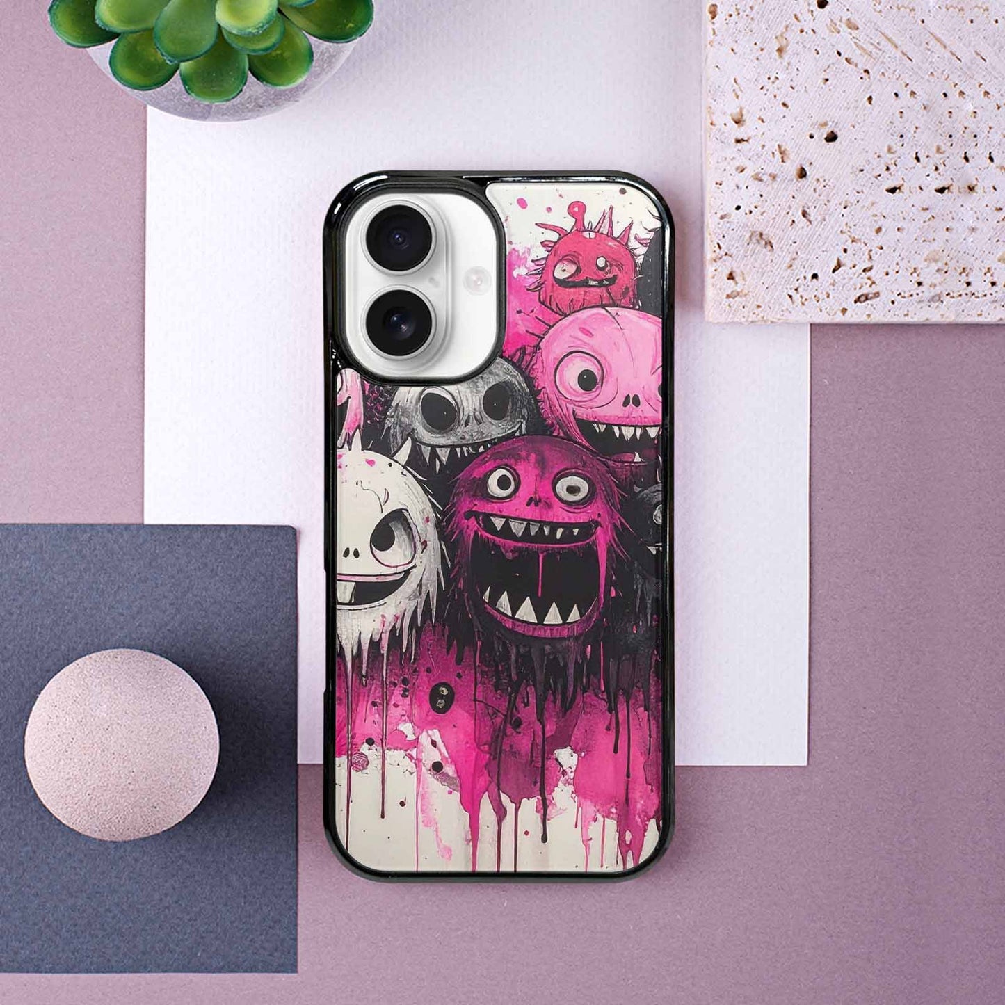 iPhone 16 Case — Monsters General Black Pink Ink Cartoon, Custom Print Case Cover
