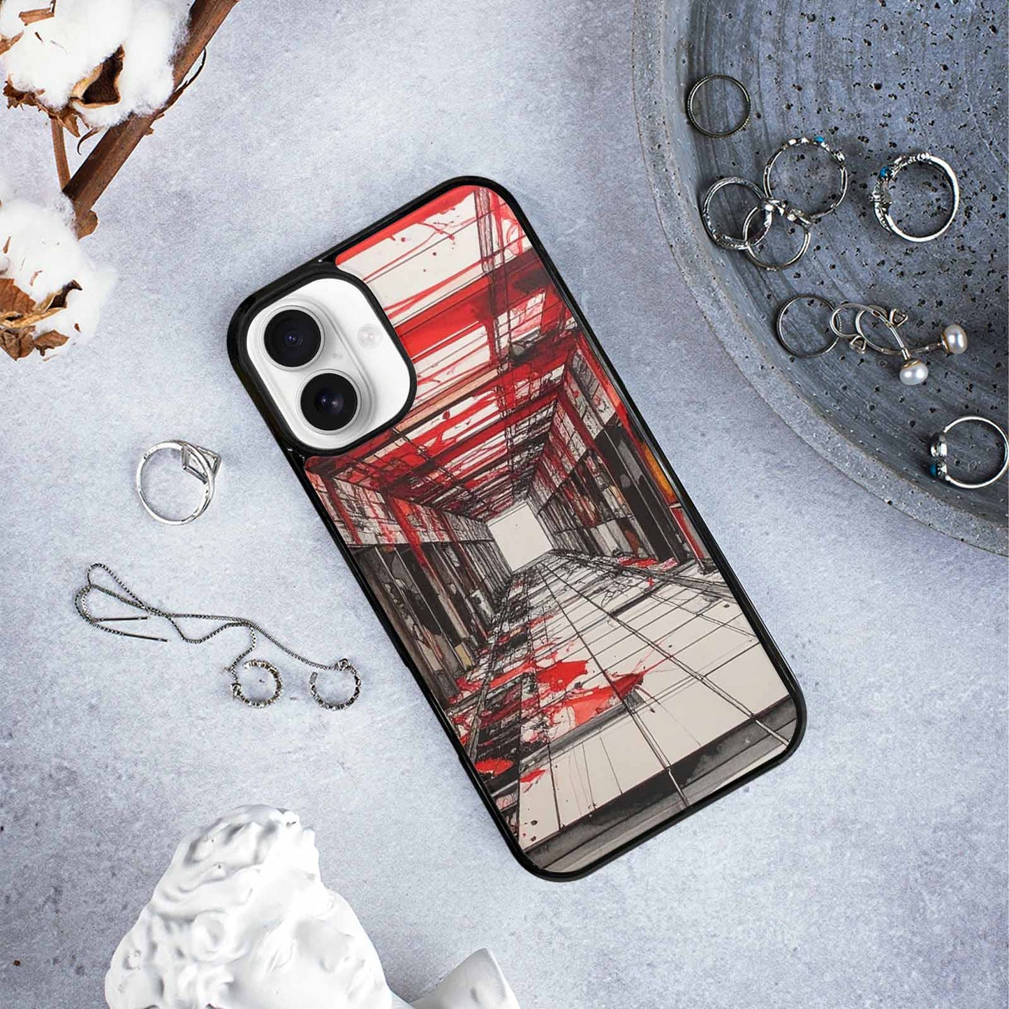 iPhone 16 Plus Case — Liminal Space Fragment Black Red Ink, Unique Phone Case Design