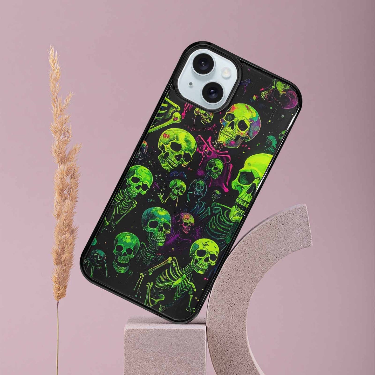 iPhone 15 Plus Case — Skeletons Neon Green Glow Skeletons Pattern, Custom Print Case Cover