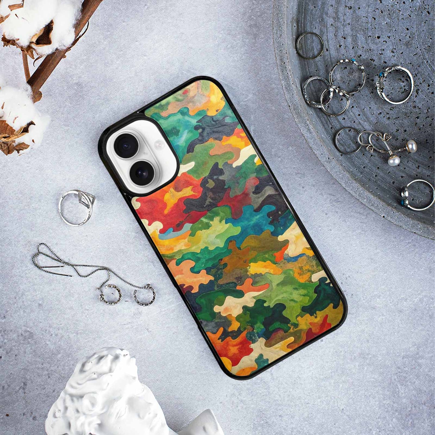 iPhone 16 Plus Case — Camo Patches Full Color Vibrant Camo, Custom Designed Case Cover