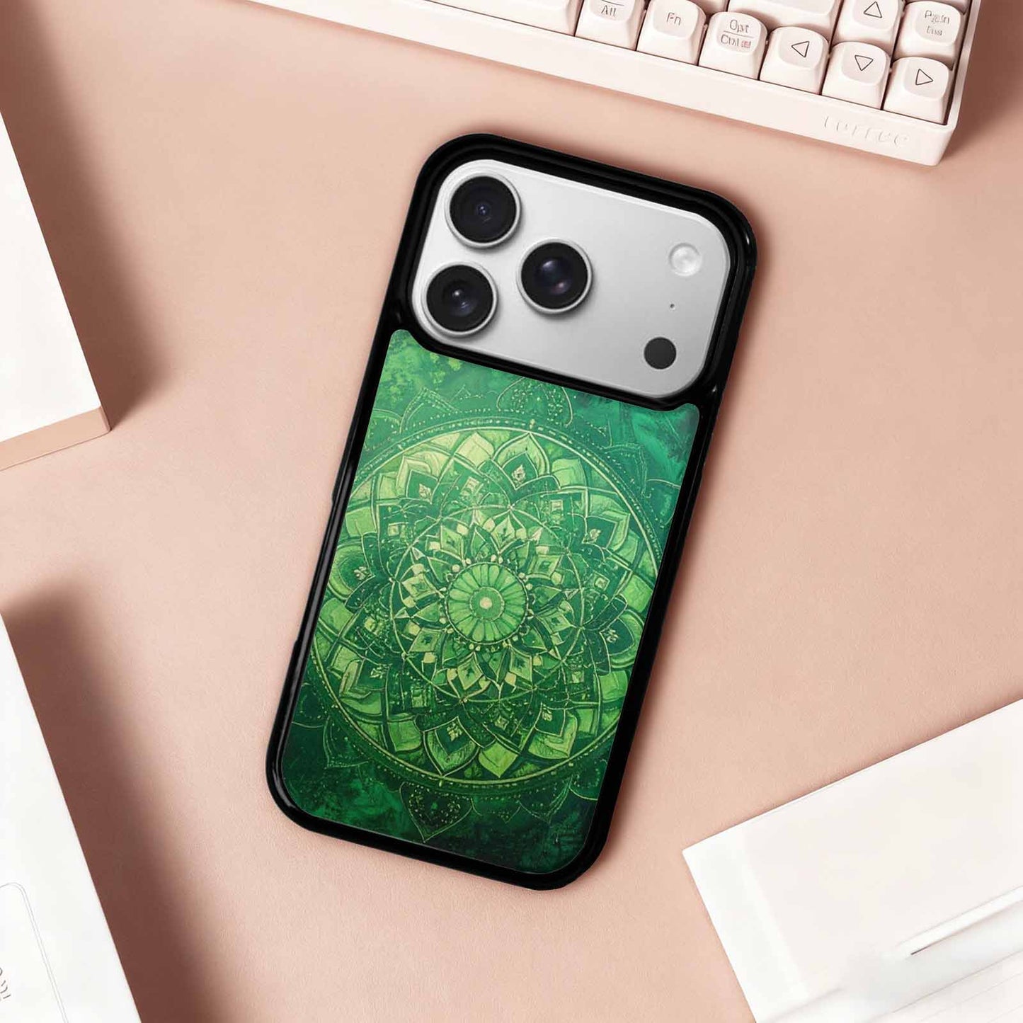 iPhone 17 Pro Case — Green Mandala Bohemian Print Edge Original, Custom Art Phone Cover