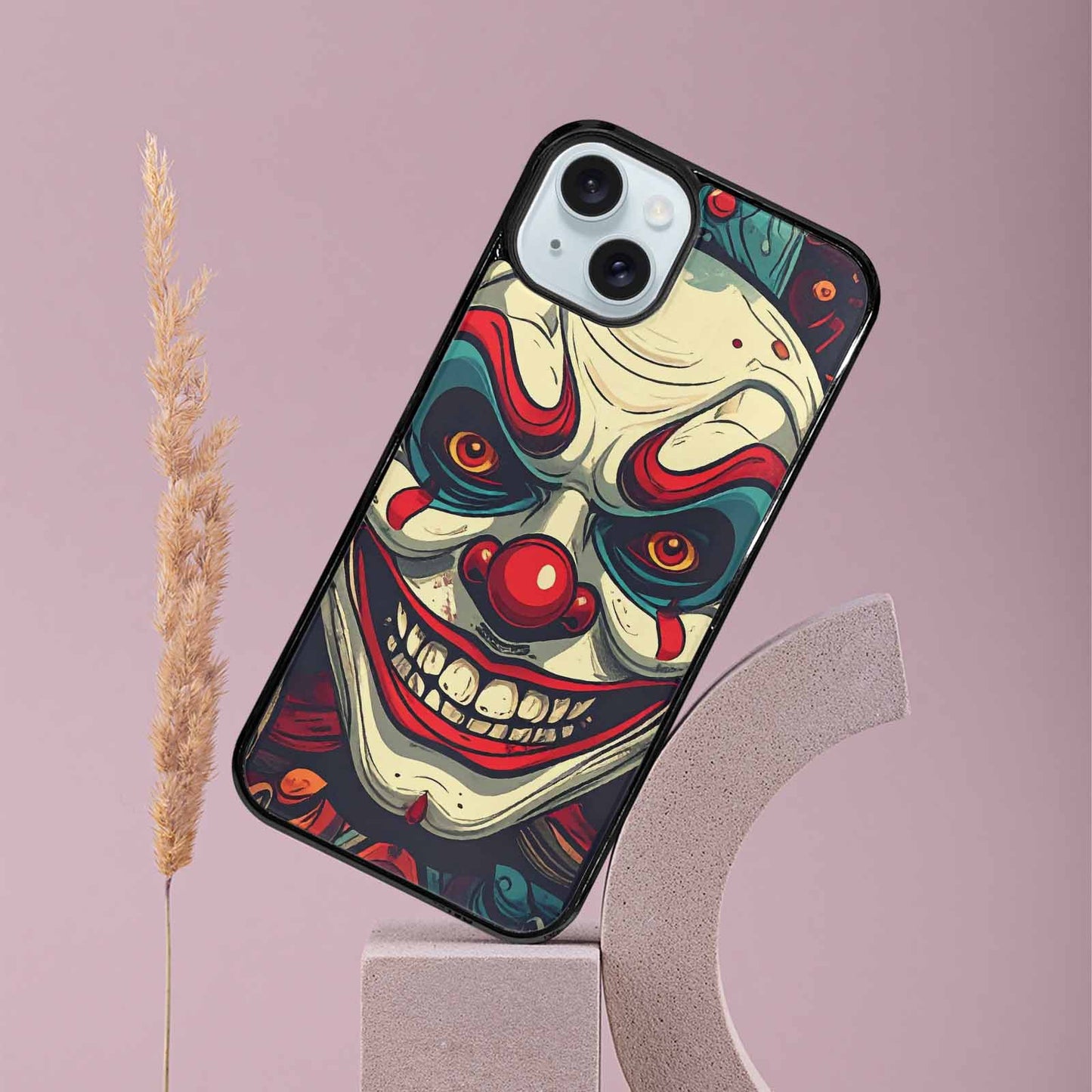 iPhone 15 Plus Case — Evil Circus Heads Faces Overlapping Patterns, Original Design Phone Case