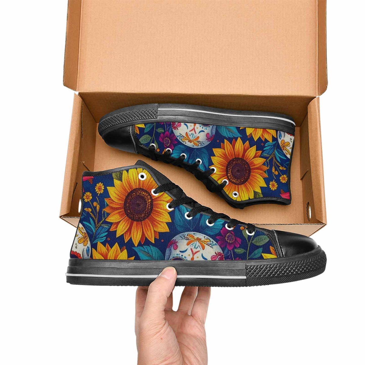 MEN'S Sunflower Skulls Print High Top Canvas Neon Fantasy Custom Shoes
