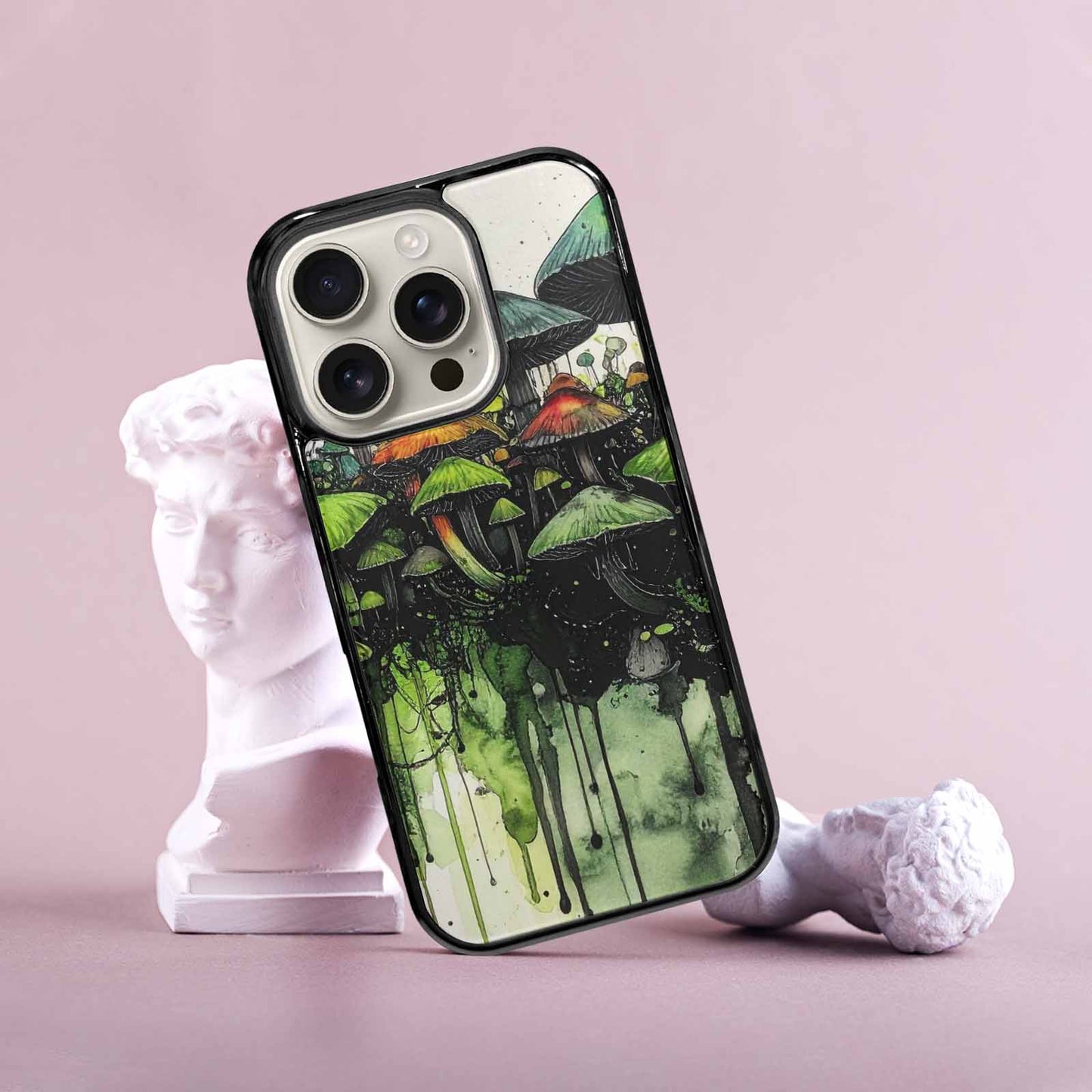 iPhone 16 Pro Case — Rainbow Drip Mushrooms Black Green Ink, Customized Protective Case