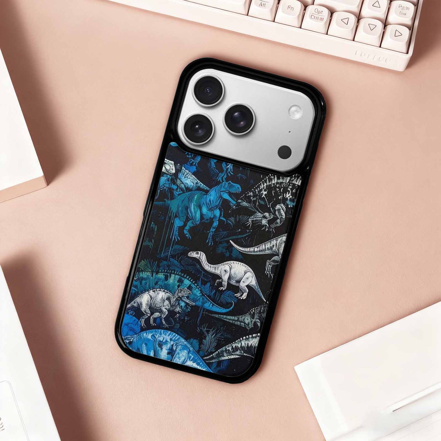 iPhone 17 Pro Case — Black Blue Ink Dinosaur Burst Original, Custom Made Phone Cover