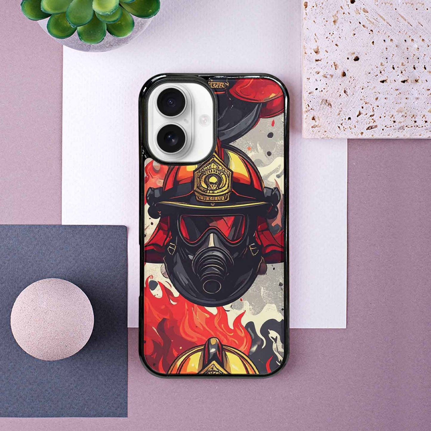 iPhone 16 Case — Firefighter Pattern Flames Axes Helmets Seamless, Unique Phone Case Design