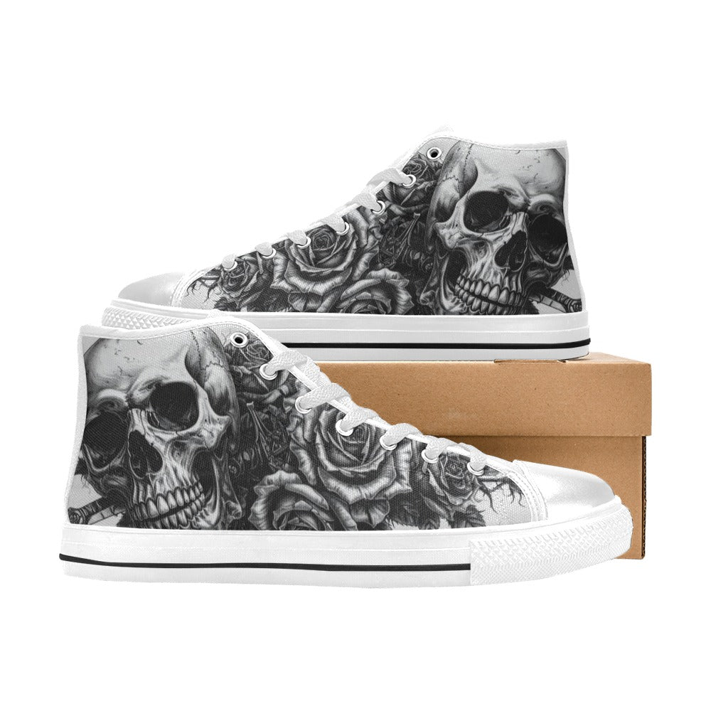 Grey Monochrome Skull Women's Gothic High Top Canvas Shoes | Freaky Shoes®