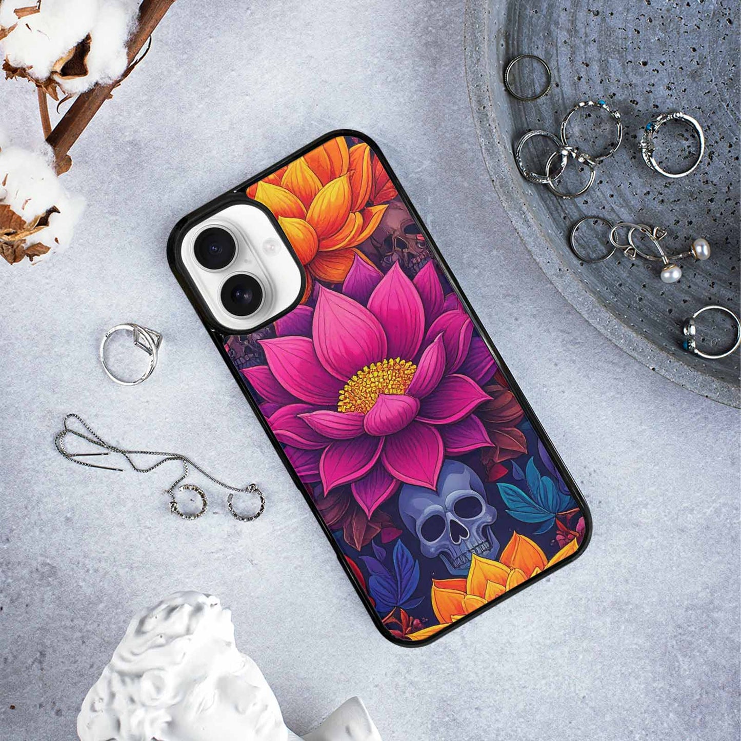 iPhone 16 Plus Case — Lotus Skulls, Custom Printed Phone Case