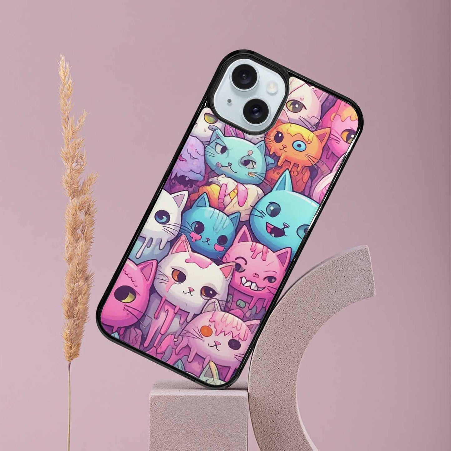 iPhone 15 Plus Case — Pastel Gore Cat Character Pattern Hundreds, Customized Protective Case