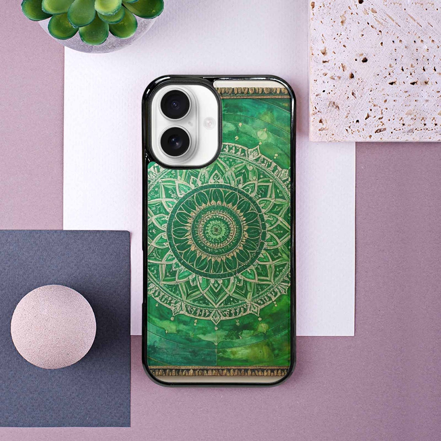 iPhone 16 Case — Green Mandala Bohemian Print Edge To, Custom Made Phone Cover