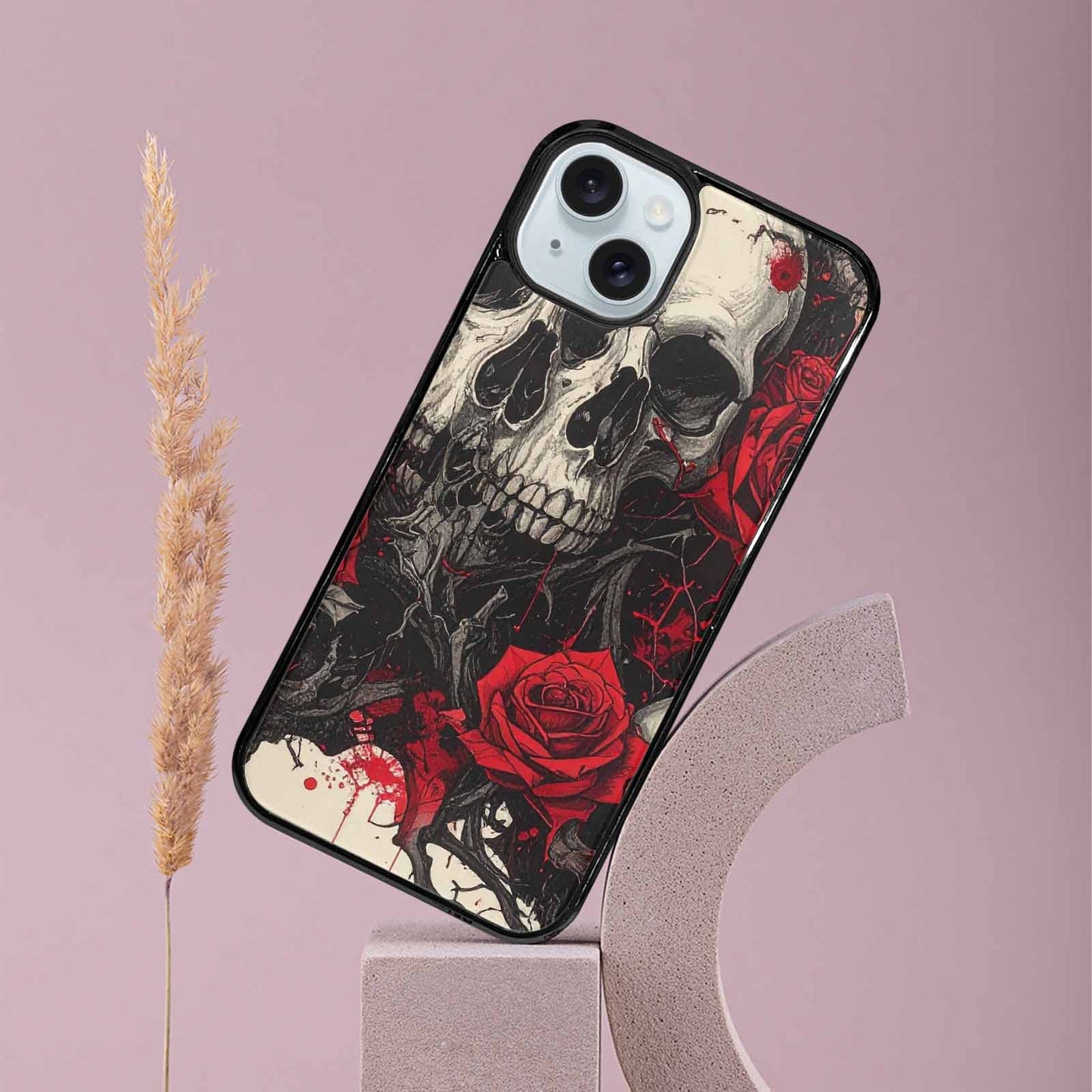 iPhone 15 Plus Case — Skull And Roses Black Red Ink, Original Design Phone Case