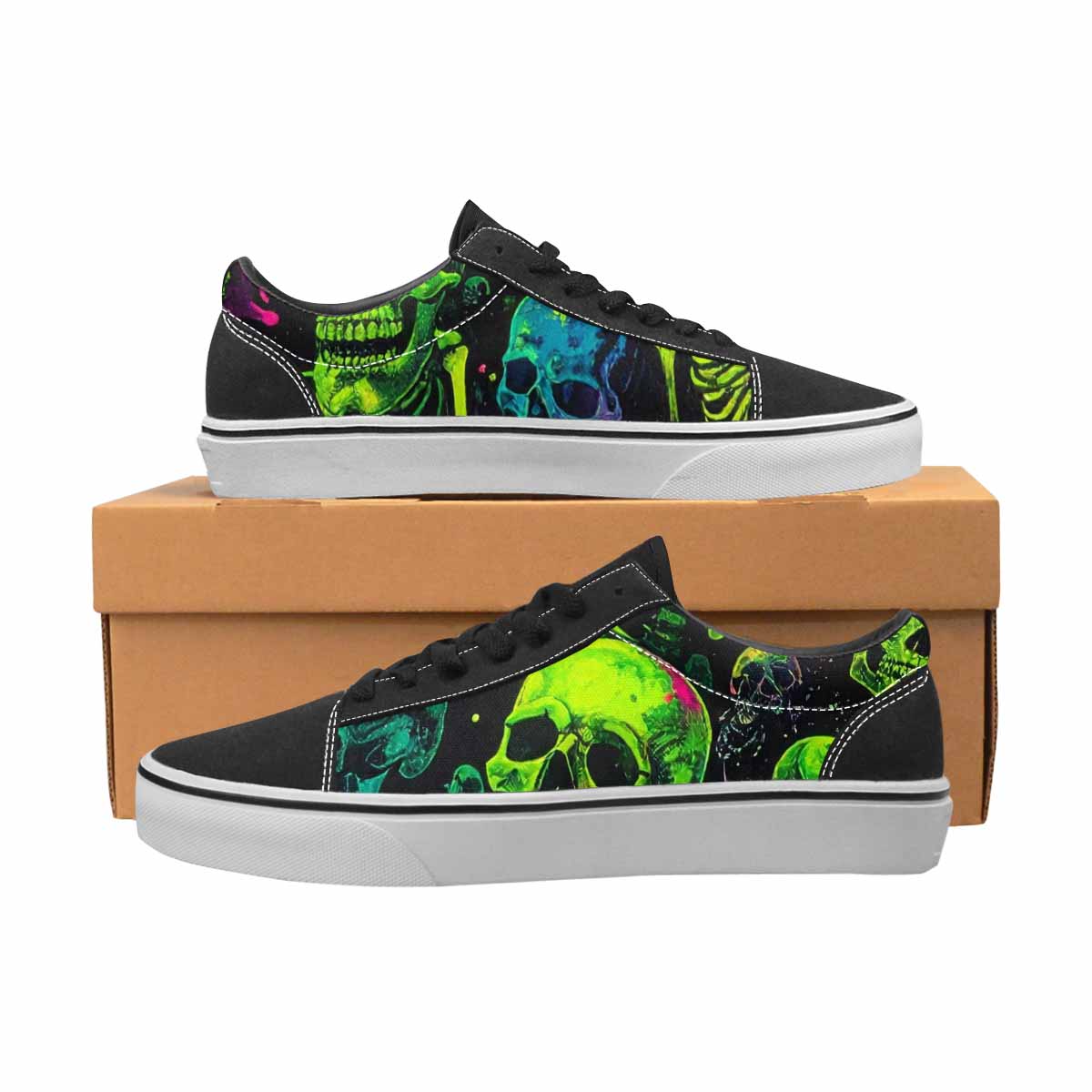 WOMEN'S Skeletons × Neon Green Lace-Up Canvas Melting Art Custom Sneakers