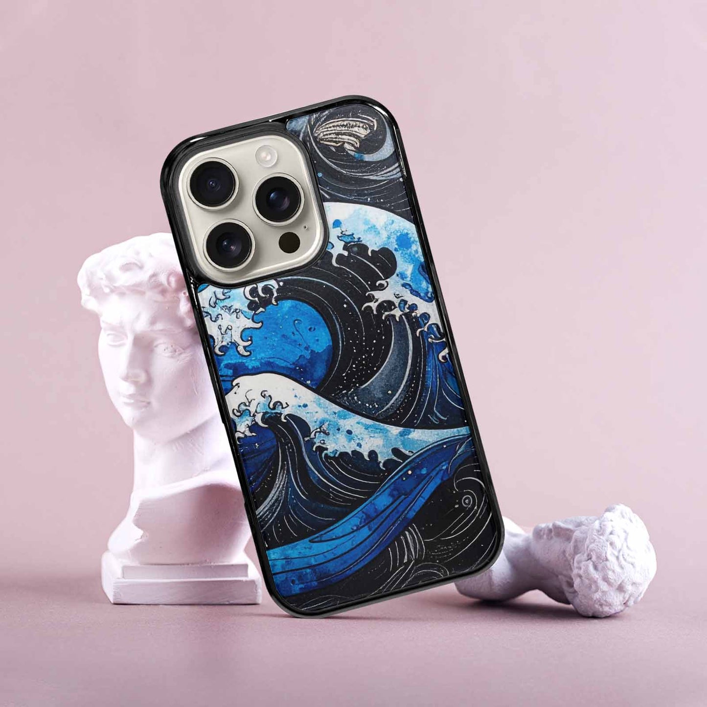 iPhone 16 Pro Case — Nautical Wave Black Blue Ink Wave, Custom Print Case Cover