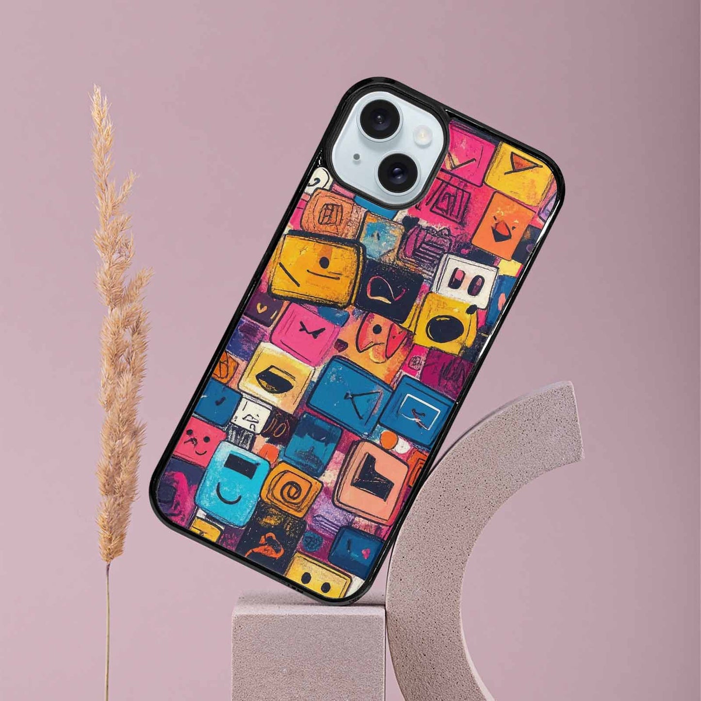 iPhone 15 Plus Case — Hand Drawn Icon Doodle Pattern Hundreds, Customized Protective Case
