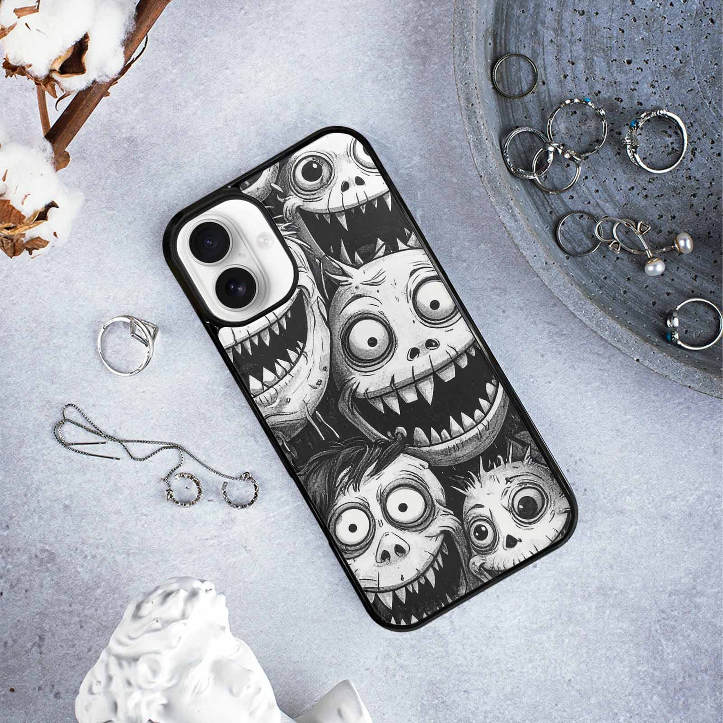 iPhone 16 Plus Case — Black And White Monster Face Collage, Custom Print Case Cover