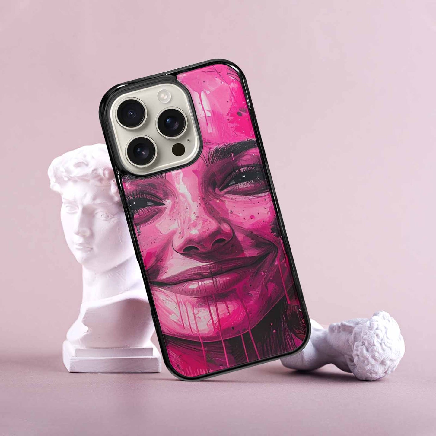 iPhone 16 Pro Case — Melting Moon Smiley Black Pink Ink, Customized Protective Case