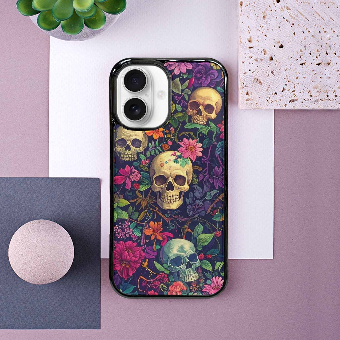 iPhone 16 Case — Skulls Botanicalskulls Pattern, Unique Phone Case Design