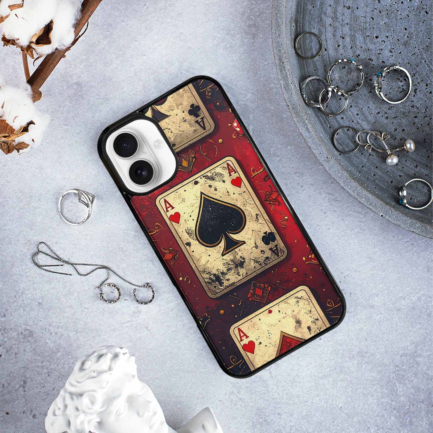 iPhone 16 Plus Case — Playing Card Suits Pattern Poker Chips, Original Design Phone Case