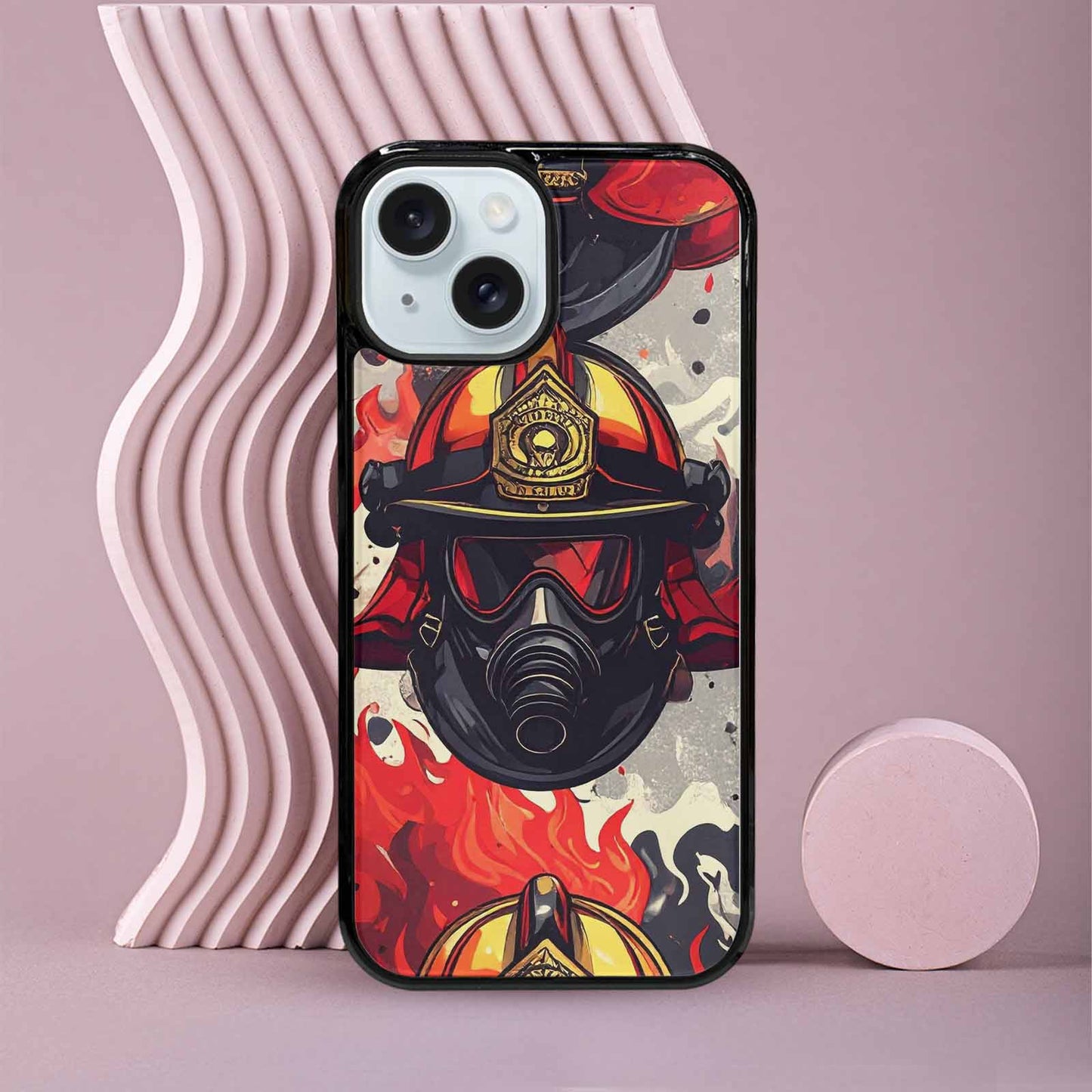 iPhone 15 Case — Firefighter Pattern Flames Axes Helmets Seamless, Customized Protective Case