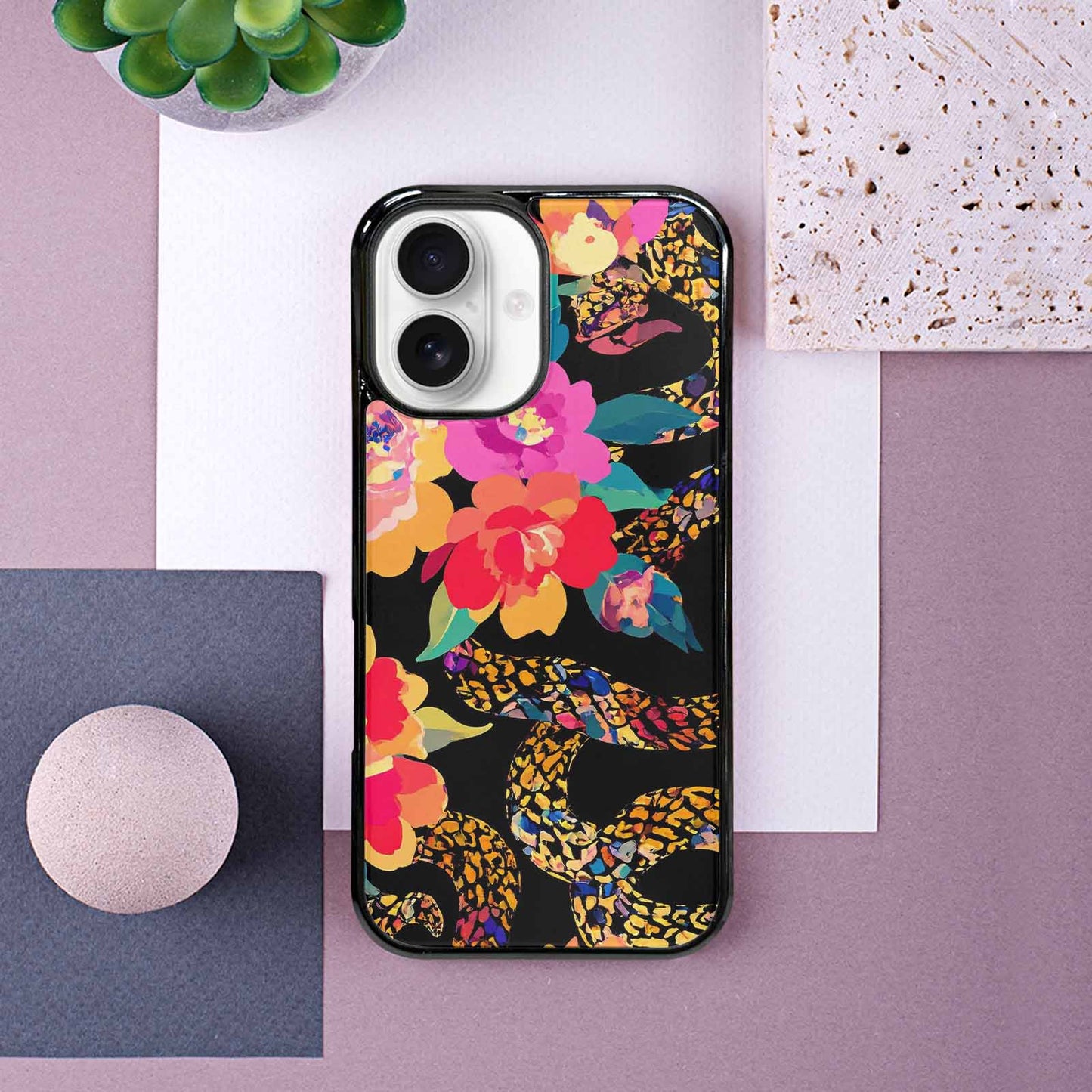 iPhone 16 Case — Floral Snake Print, Custom Printed Phone Case
