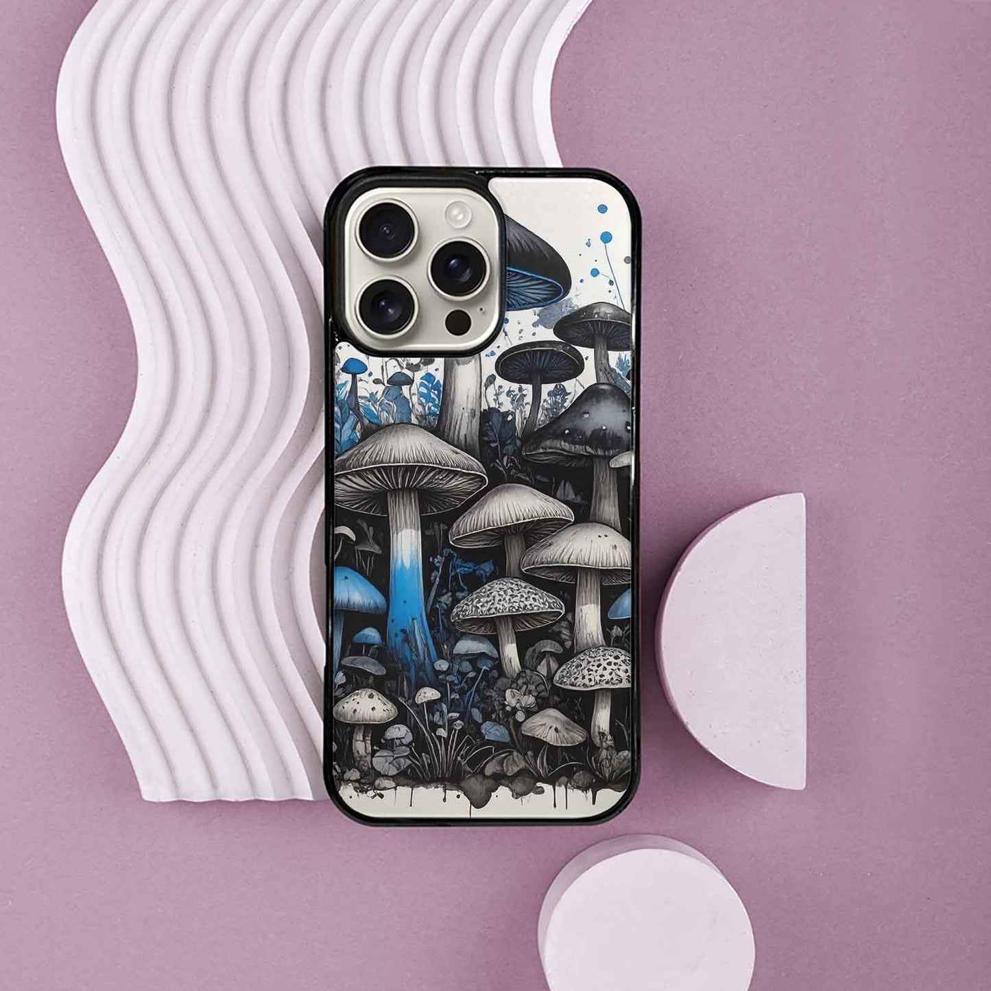 iPhone 16 Pro Max Case — Mushrooms General Black Blue Ink Mushrooms, Custom Printed Phone Case