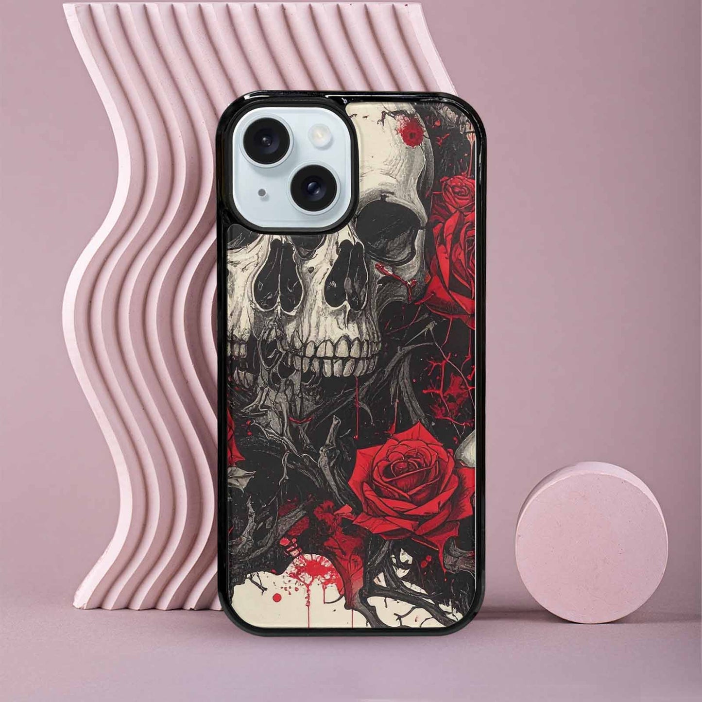 iPhone 15 Case — Skull And Roses Black Red Ink, Custom Made Phone Cover