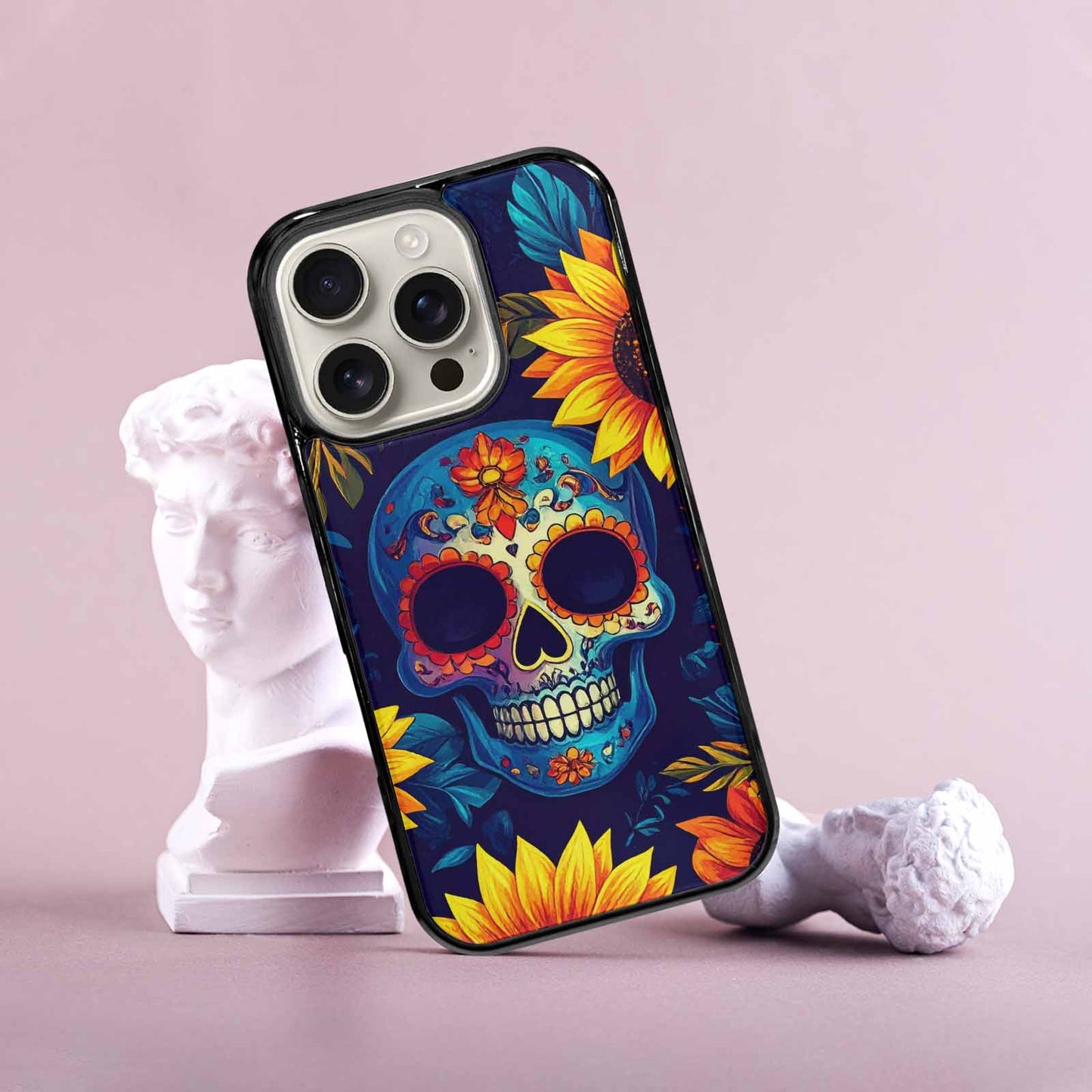iPhone 16 Pro Case — Sunflower Skulls Print, Custom Art Phone Cover