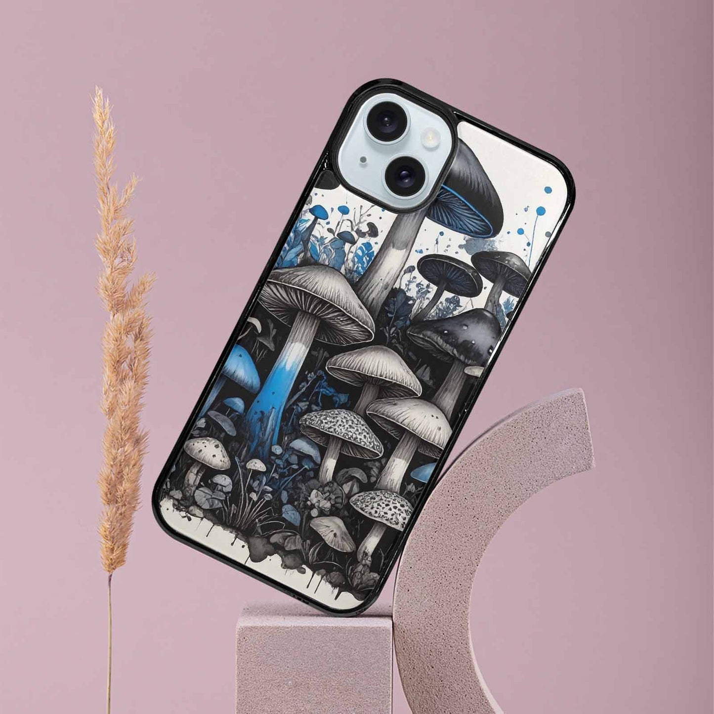 iPhone 15 Plus Case — Mushrooms General Black Blue Ink Mushrooms, Unique Phone Case Design