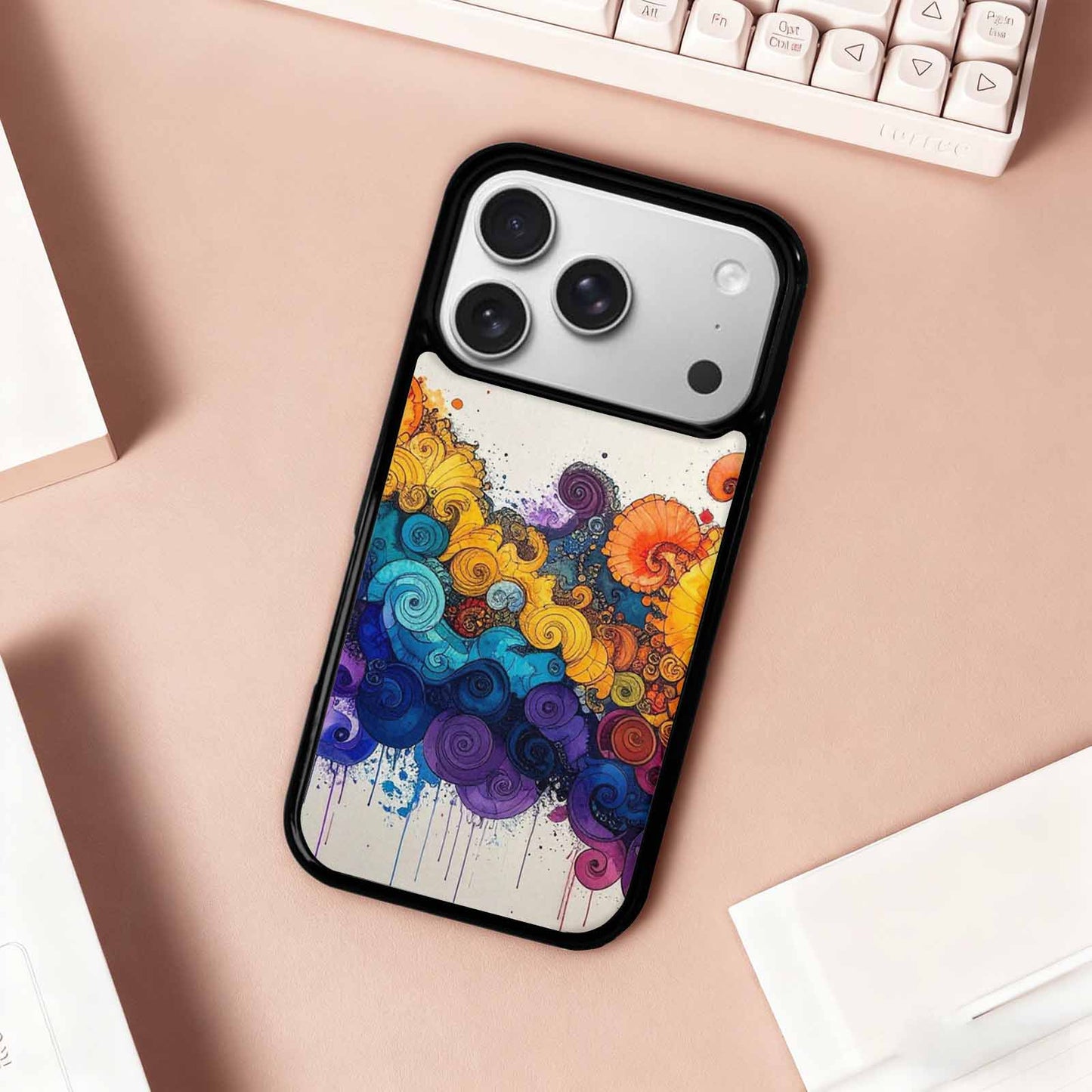 iPhone 17 Pro Case — Tie Dye Swirls Black Blue Tie, Original Design Phone Case