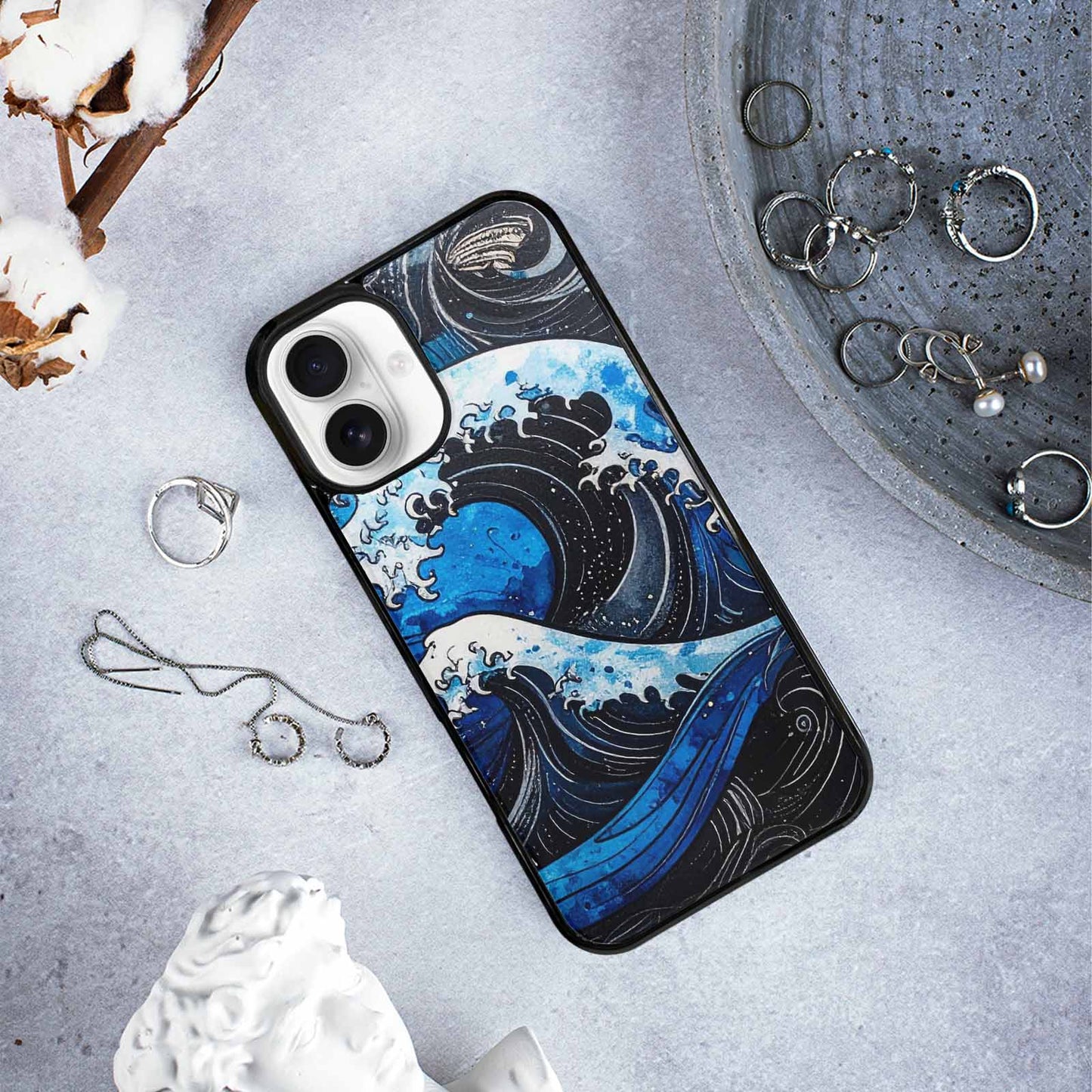 iPhone 16 Plus Case — Nautical Wave Black Blue Ink Wave, Custom Art Phone Cover