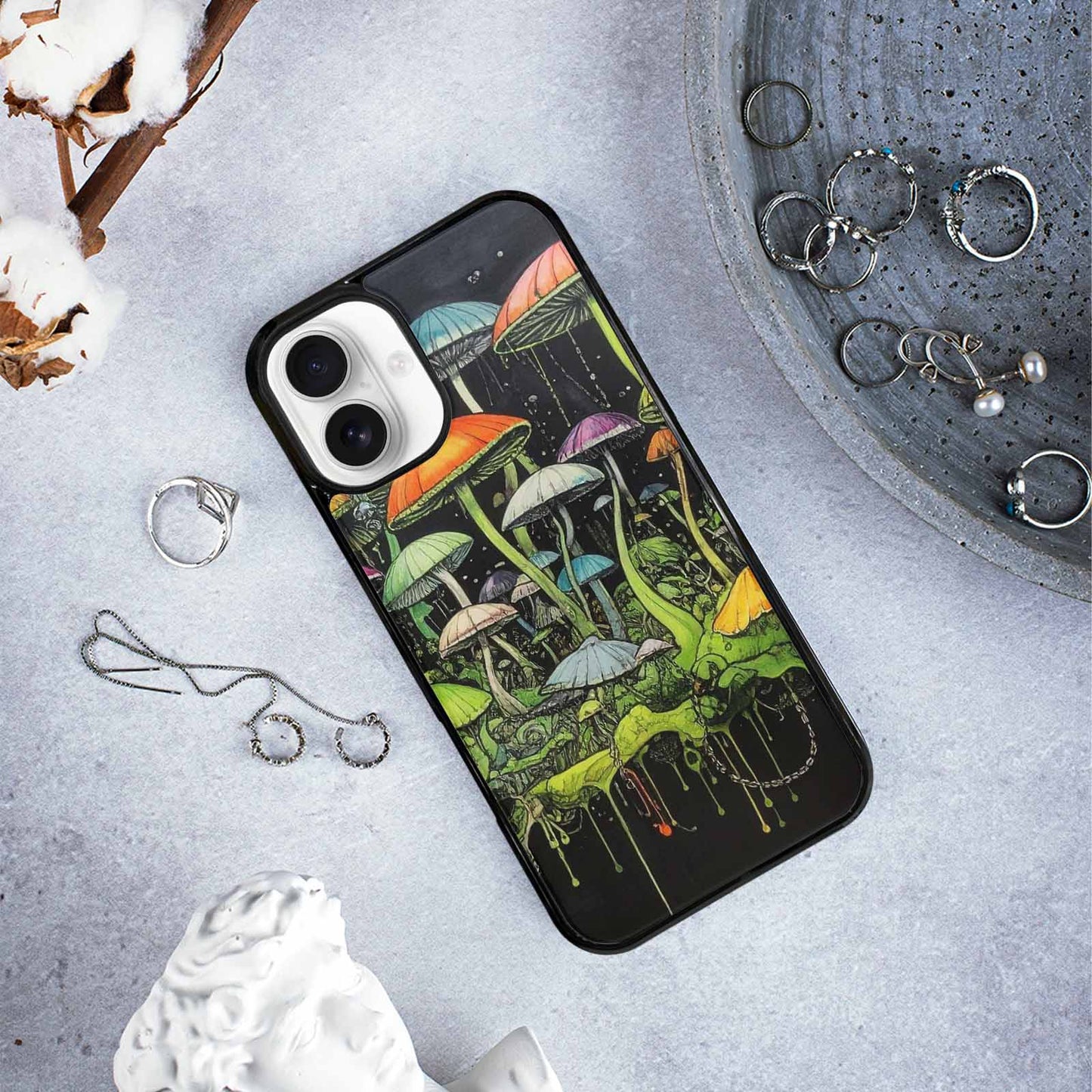iPhone 16 Plus Case — Rainbow Drip Mushrooms Black Green Ink, Custom Designed Case Cover