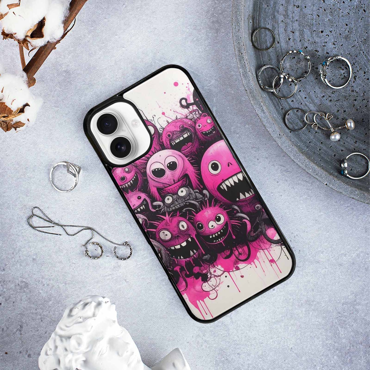 iPhone 16 Plus Case — Monsters General Black Pink Ink Cartoon, Customized Protective Case