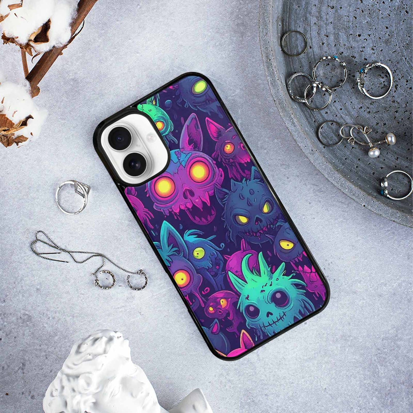 iPhone 16 Plus Case — Mixed Toxic Glow Creature Pattern Hundreds, Custom Made Phone Cover