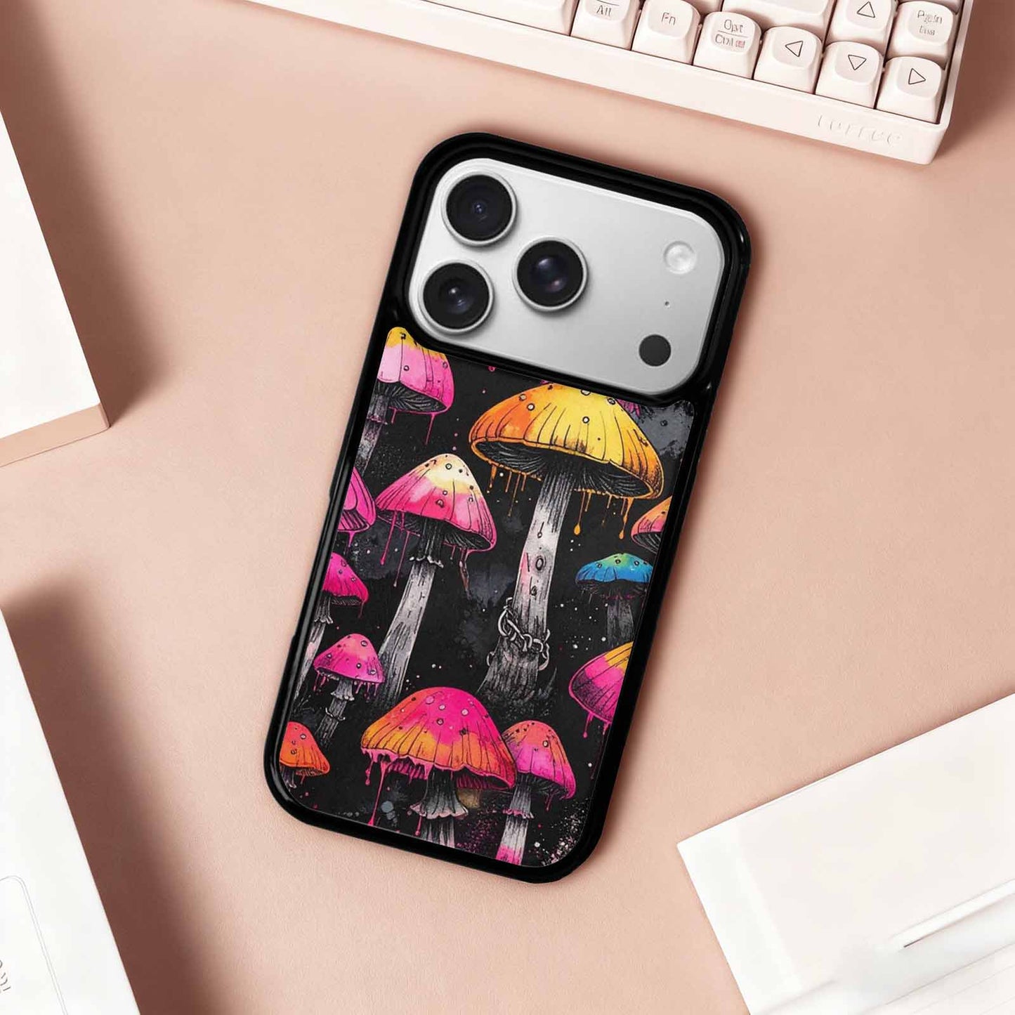 iPhone 17 Pro Case — Rainbow Drip Mushrooms Black Pink Original, Custom Art Phone Cover