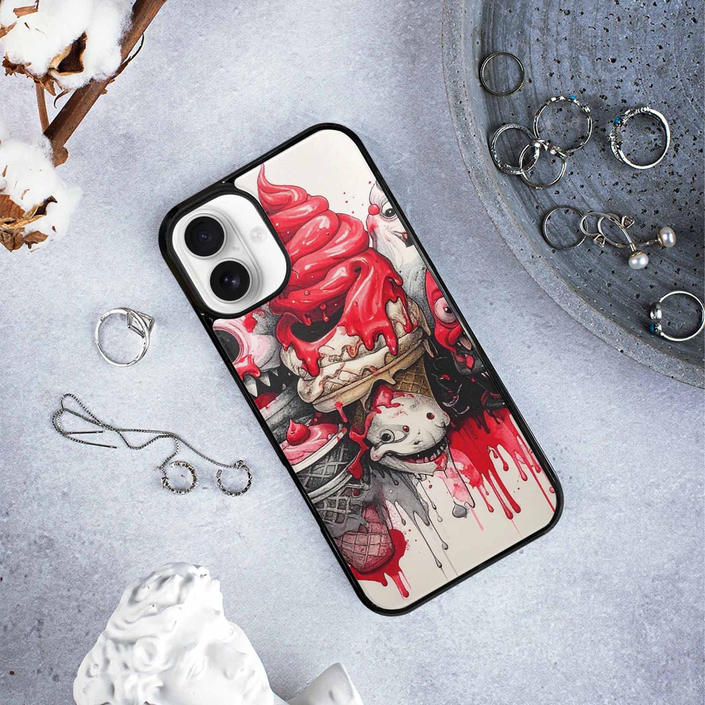 iPhone 16 Plus Case — Ice Cream Monsters Black Red Ink, Personalized Phone Case