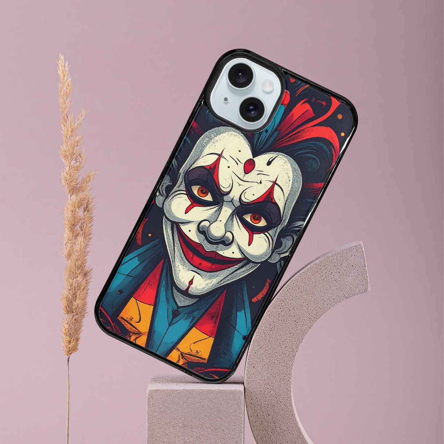 iPhone 15 Plus Case — Evil Circus Heads Faces Overlapping Patterns, Custom Phone Case