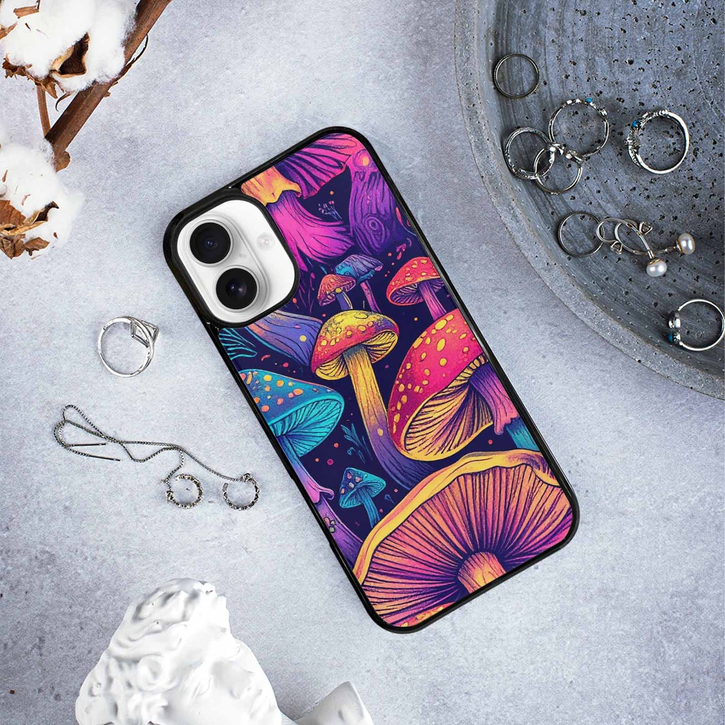 iPhone 16 Plus Case — Mushroom Psychedelic Art Seamless Pattern Vibrant, Custom Made Phone Cover