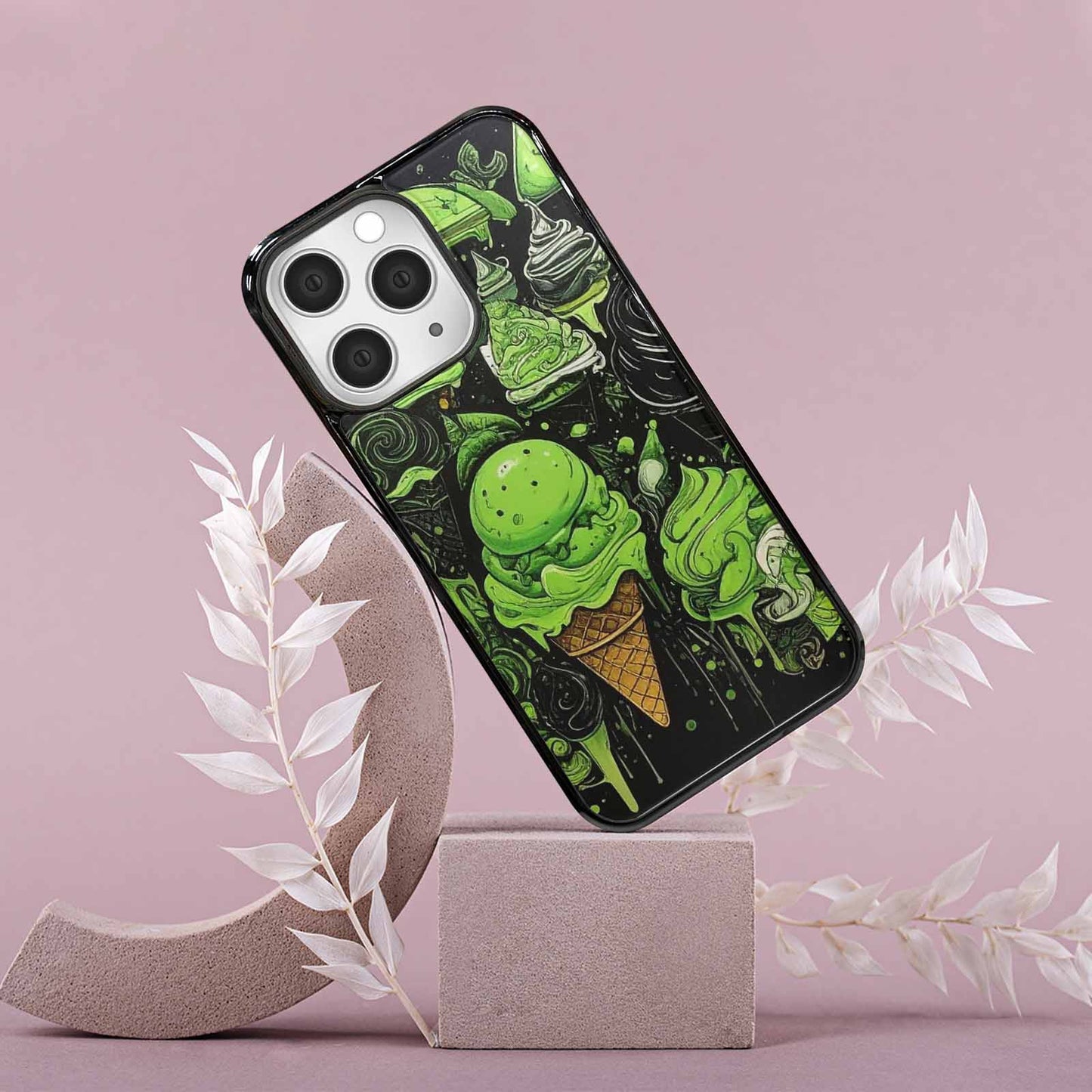 iPhone 15 Pro Max Case — Ice Cream Motif Black Green Ink, Unique Phone Case Design