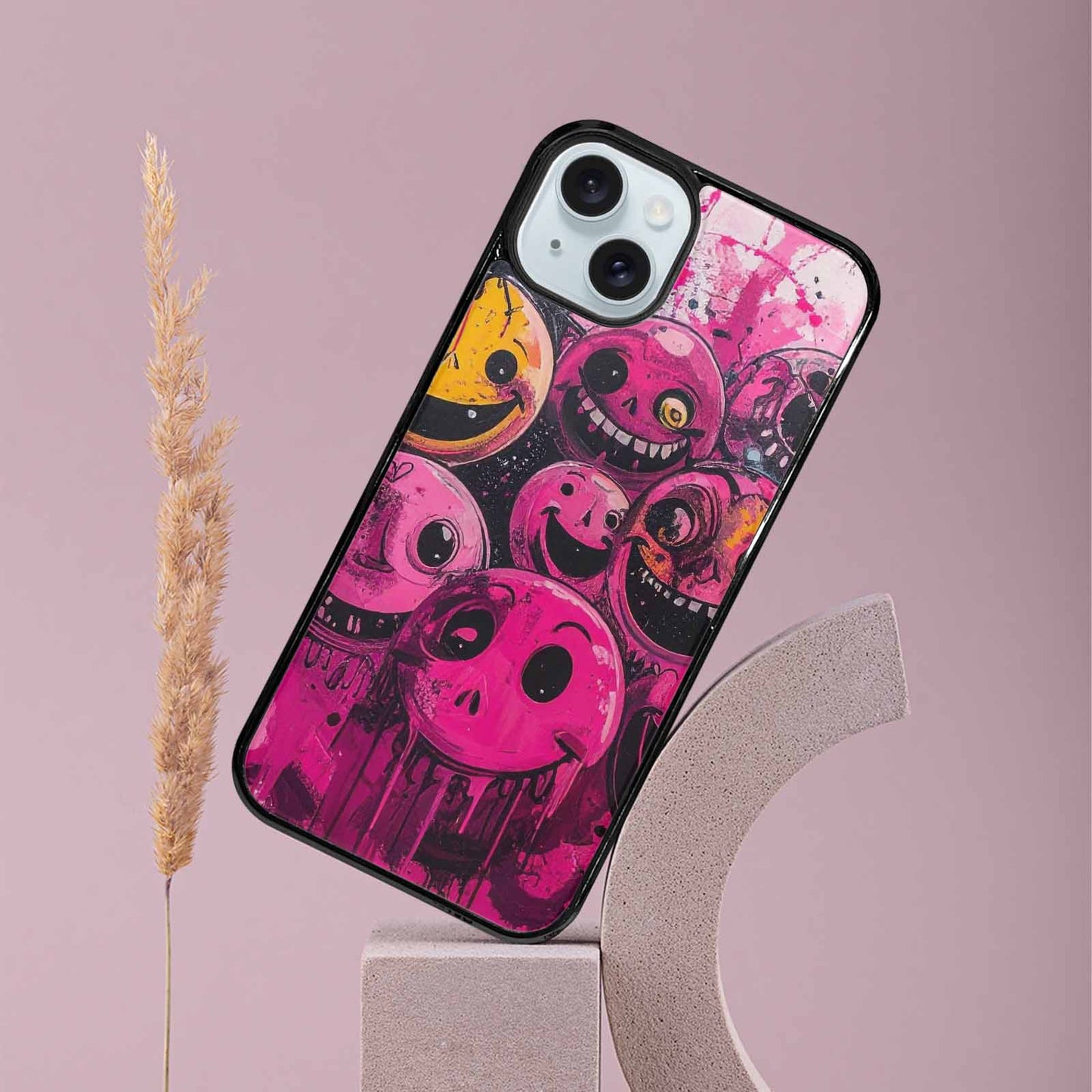 iPhone 15 Plus Case — Melting Moon Smiley Black Pink Ink, Custom Print Case Cover
