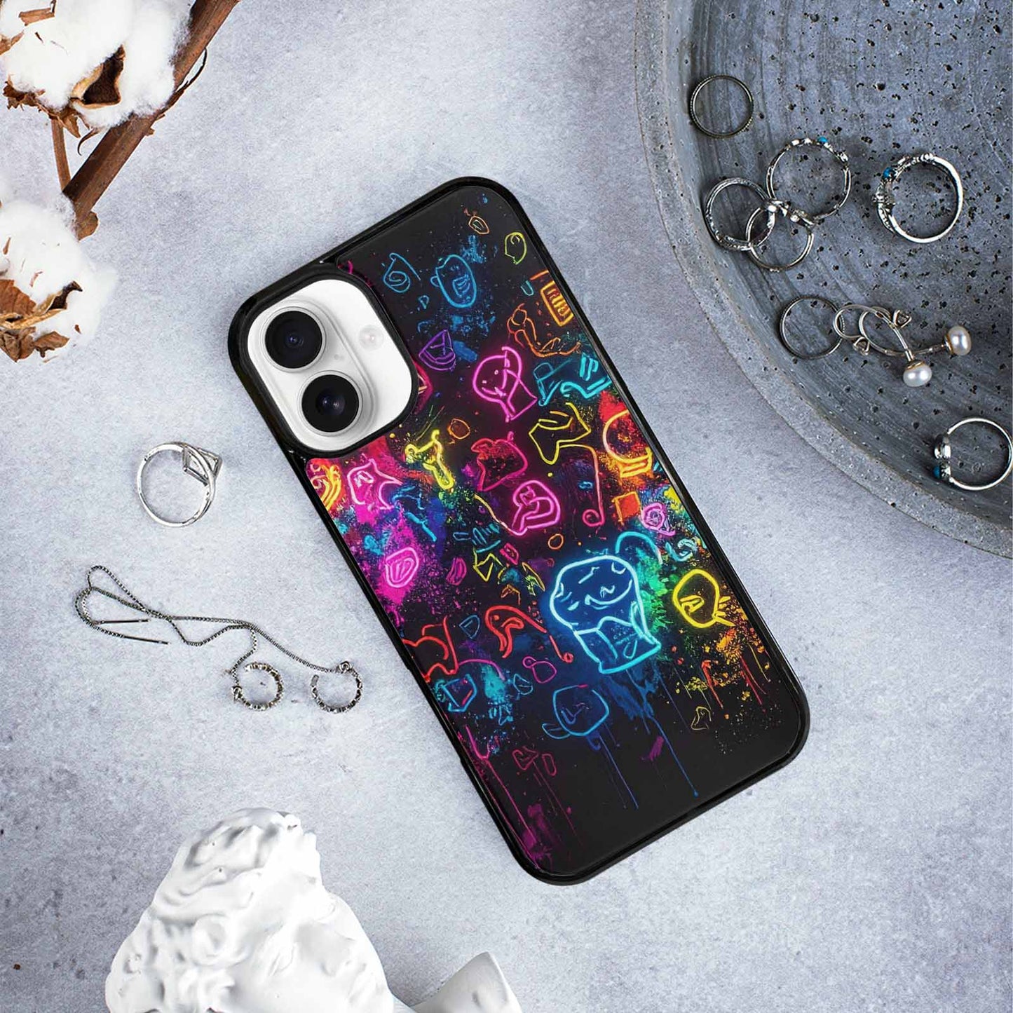 iPhone 16 Plus Case — Neon Glow Outline Icon Pattern Hundreds, Personalized Phone Case
