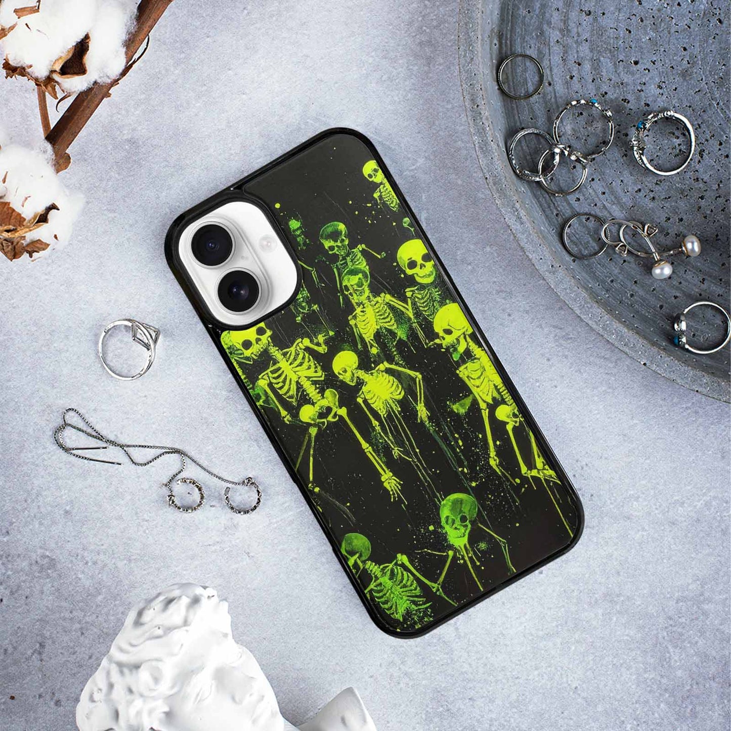 iPhone 16 Plus Case — Skeletons Neon Green Glow Skeletons Pattern, Unique Phone Case Design