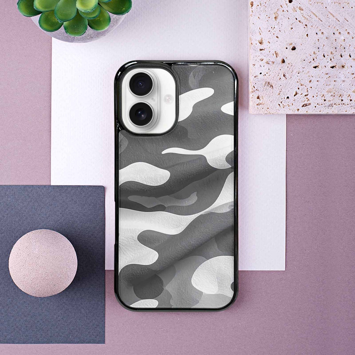 iPhone 16 Case — Grey Camo Print, Original Design Phone Case