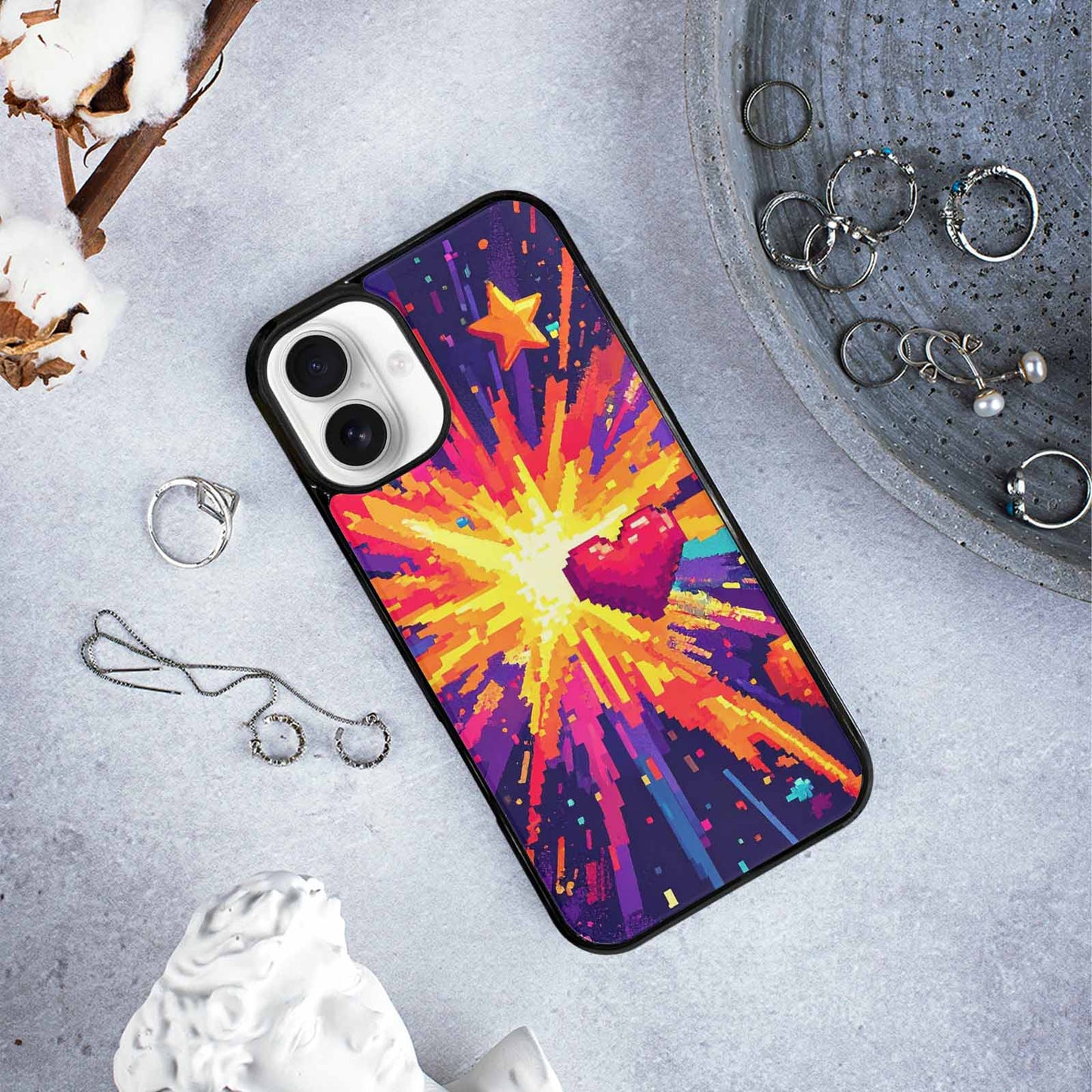 iPhone 16 Plus Case — Pixel Art 8 Bit Burst Pattern, Custom Designed Case Cover