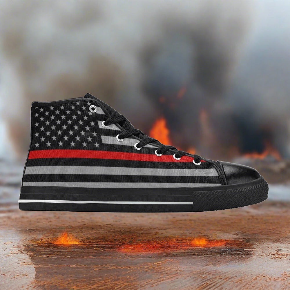 Custom Men's Thin Red Line Flag Themed high-top canvas shoes with bold all-over art — Freaky Shoes