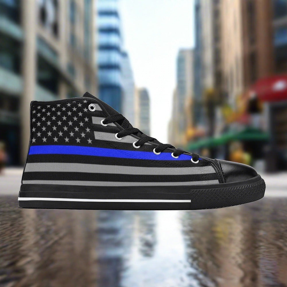 Custom Women's Thin Blue Line Flag Themed high-top canvas shoes with bold all-over art — Freaky Shoes
