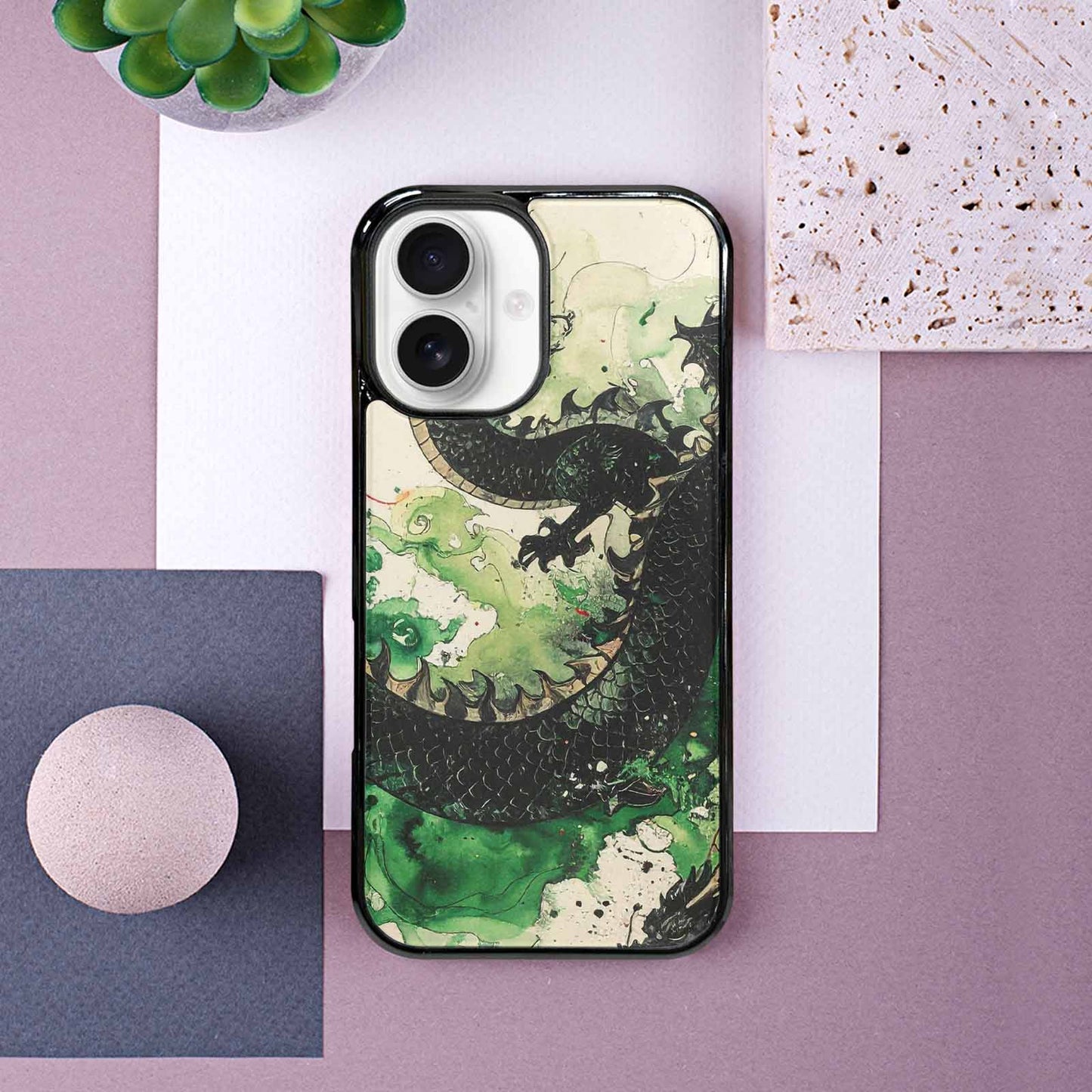 iPhone 16 Case — Dragon Scale Black Green Ink Dragons, Custom Print Case Cover